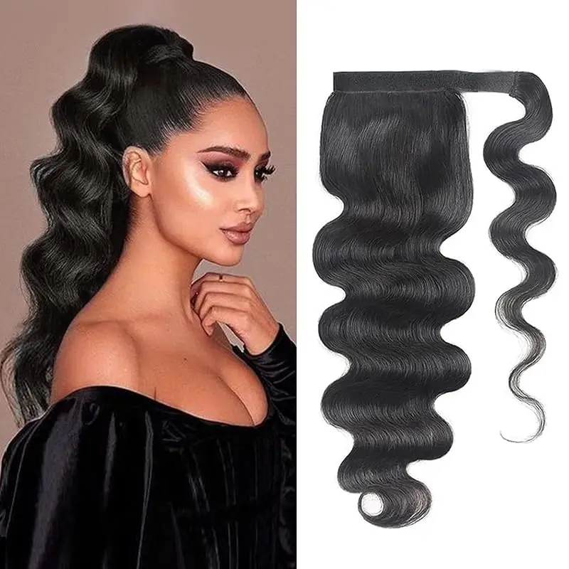 Golvende Paardenstaart Hair Extensions Human Hair Wrap Magic Stick Paardenstaart Clip 100% Echte Braziliaanse Maagd Menselijk Haar Natuurlijk Zwart