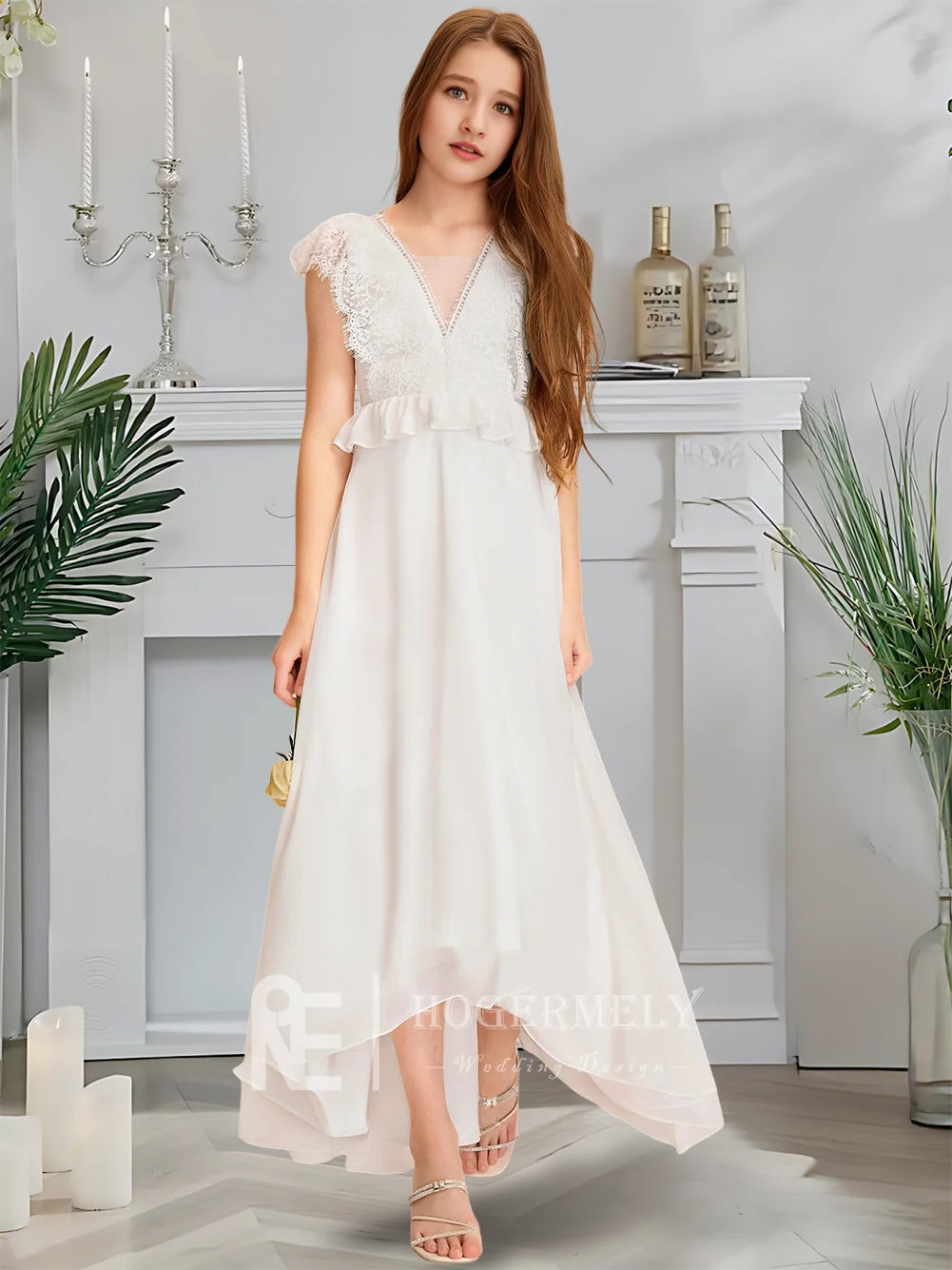 GDH Kids Asymmetrical Junior Bridesmaid Dress Twilight Ivory Flower Girl Dress V-Neck Chiffon Lace Cascading Ruffles Wedding