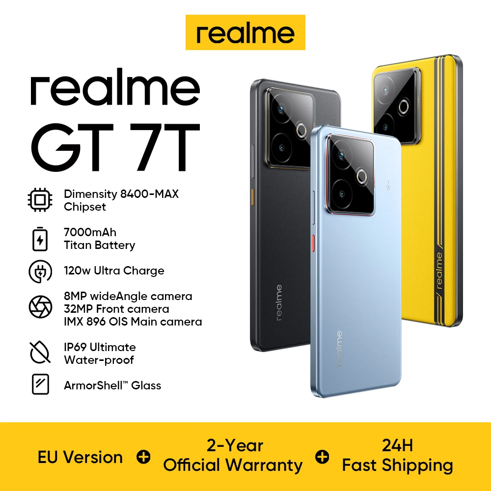 Realme GT 7T 5G Smartphone, Mediatek Dimensity 8400 Max, Pantalla AMOLED de 120Hz, Batería Titan de 7000mAh con Carga 120W Ultra Rápida, Cámara de 50 MP 2X, IP69, NFC, Android 15 3