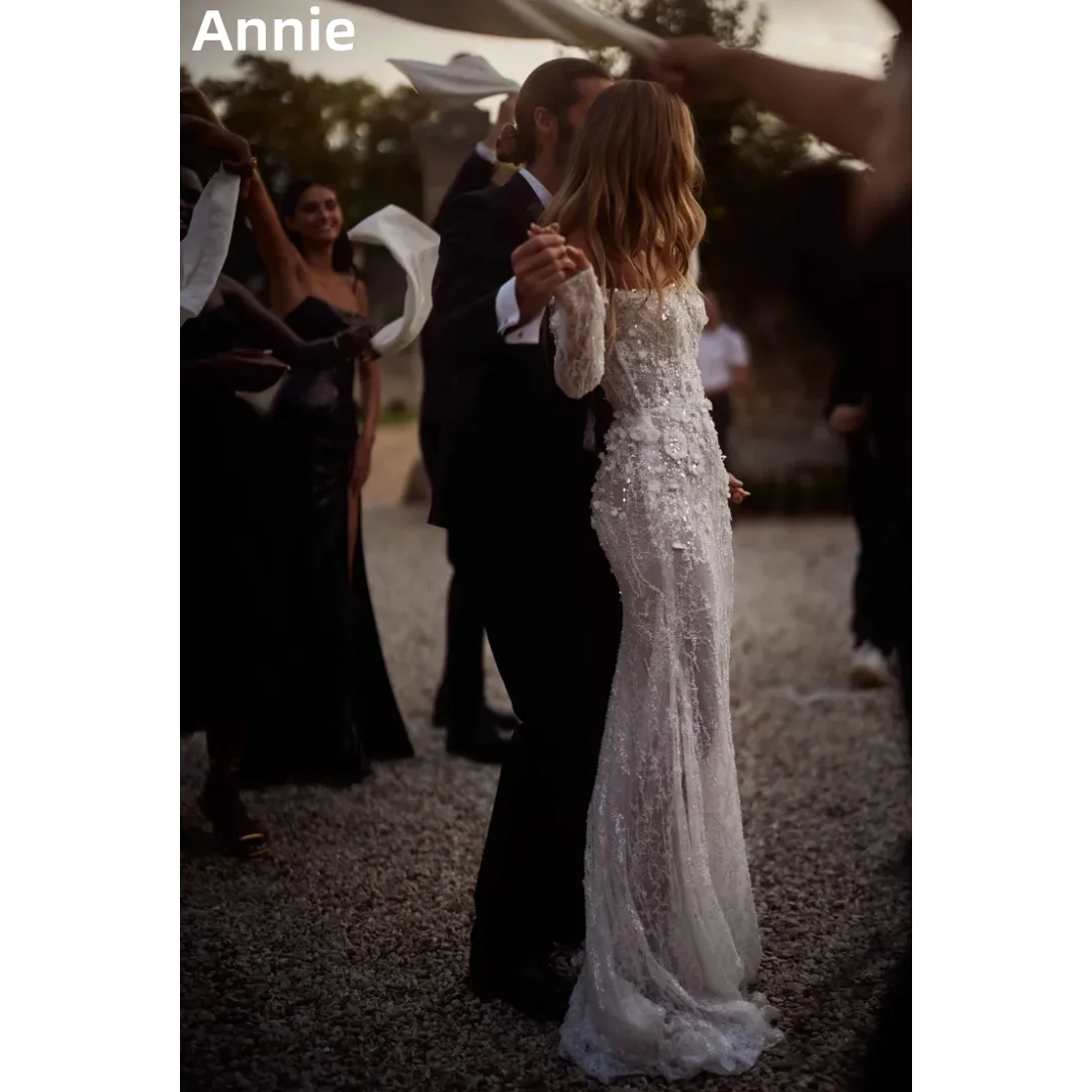 

Annie Gorgeous White Prom Dresses 3D Lace Tulle Evening Dresses Off-the-shoulder Mermaid Corset Wedding Party Dress Customized