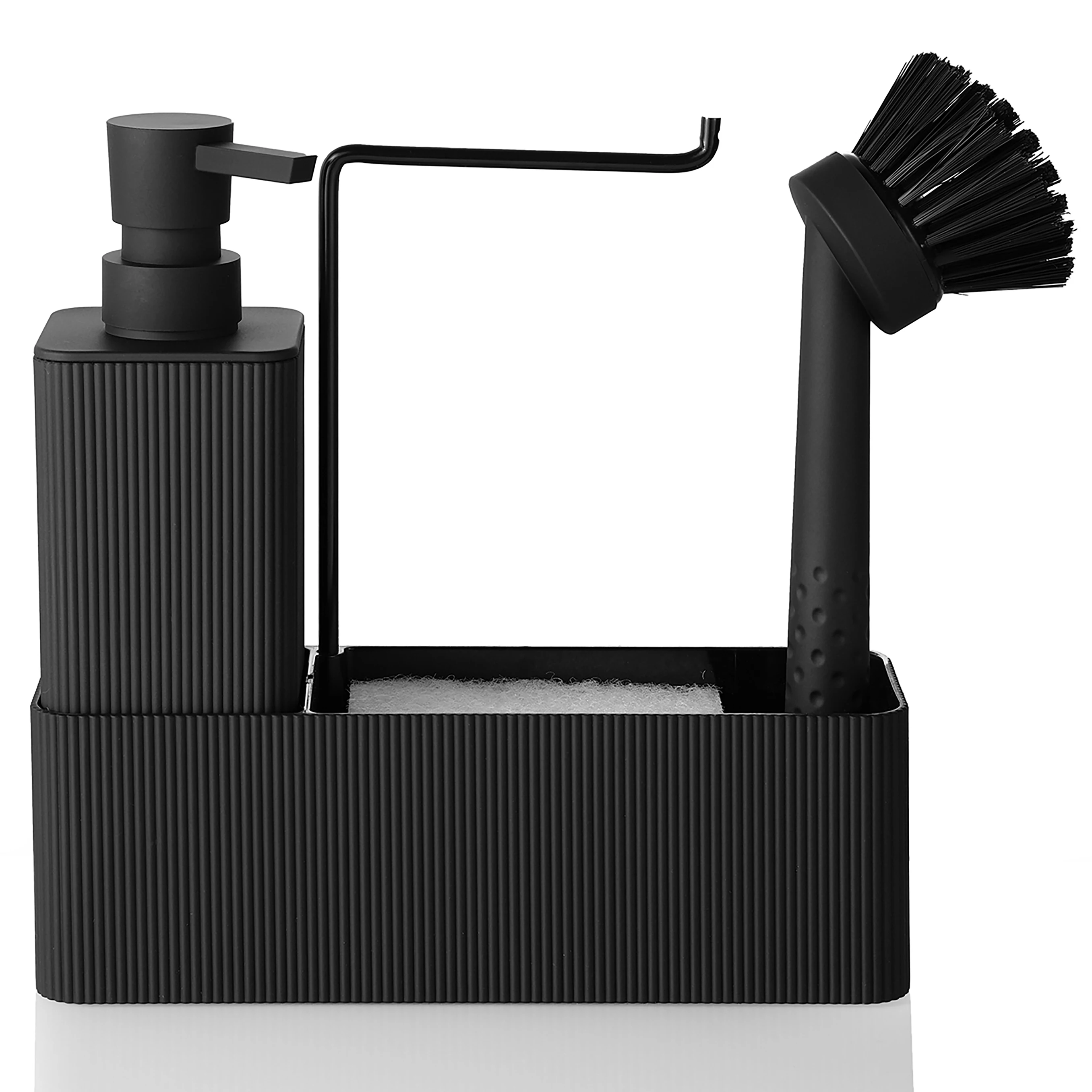 

Матовый черный дозатор для мыла 4-в-1 с полосками, подставкой, щеткой для посуды, губкой и держателем для полотенец из нержавеющей стали для кухонной столешницы