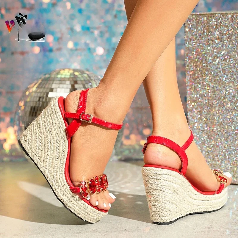 Sandales à l'offre elles compensées en PVC transparent pour femmes, chaussures de plage d'été, biscuits scintillants, talons hauts pour dames, chaussure habillée de soirée, 10cm