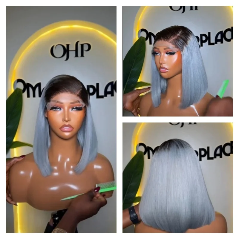 

Short Bob Bone Straight Silver Grey Lace Front Wig Brazilian 13x4 Grey Colored HD Lace Front Human Hair Bob Wigs For Women