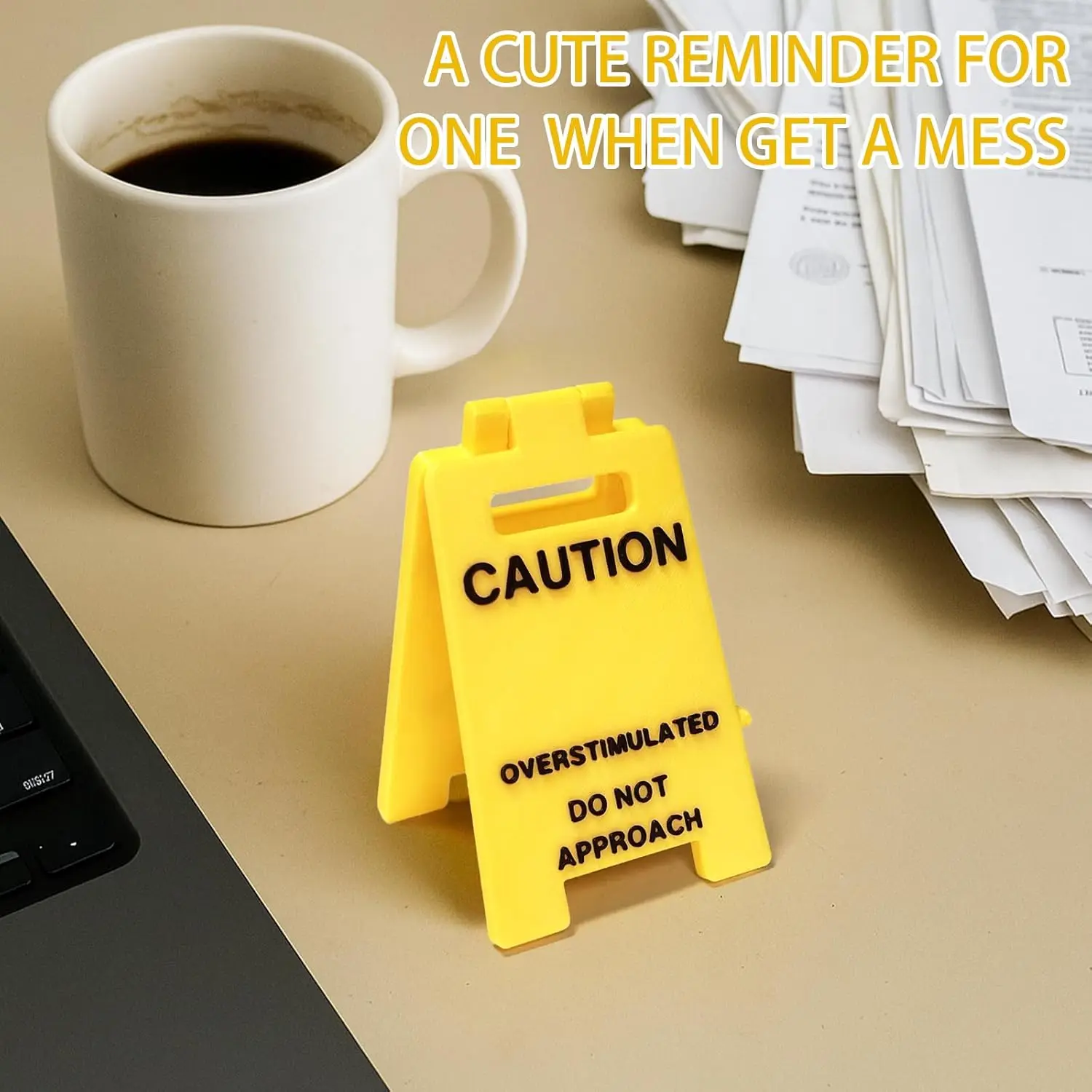 1 Pc Caution Overstimulated Desk Sign, Funny Prank Gift Office Desk Decor, 3D Printed Overstimulated Do not Approach Warning Signs, Humor Desktop Decoration White Elephant Gifts