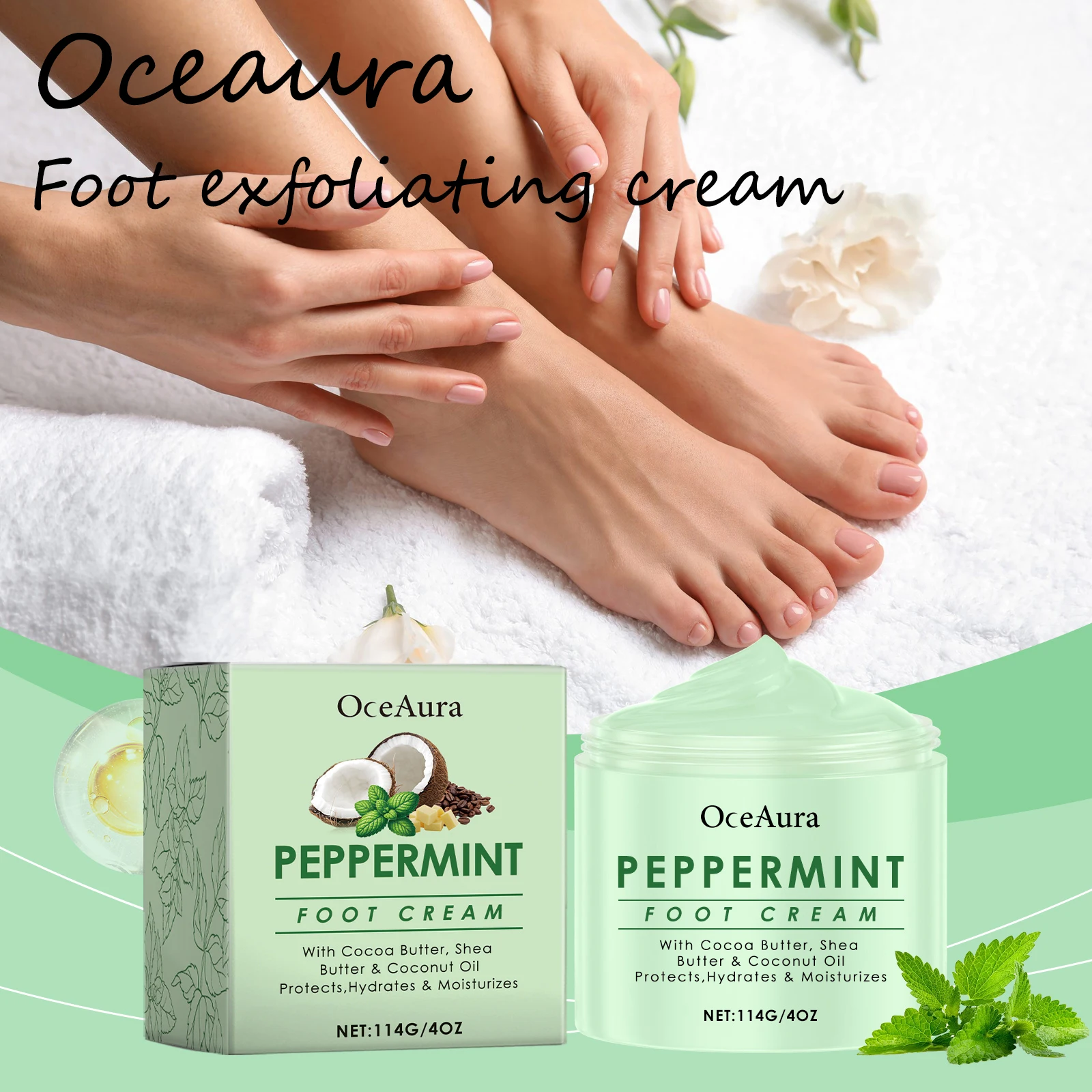 Oceaura menthe crème de soin des pieds soulagement quotidien sécheresse supprimer la peau morte nourrissant refroidissement soulagement l'inconfort crème exfoliante des pieds