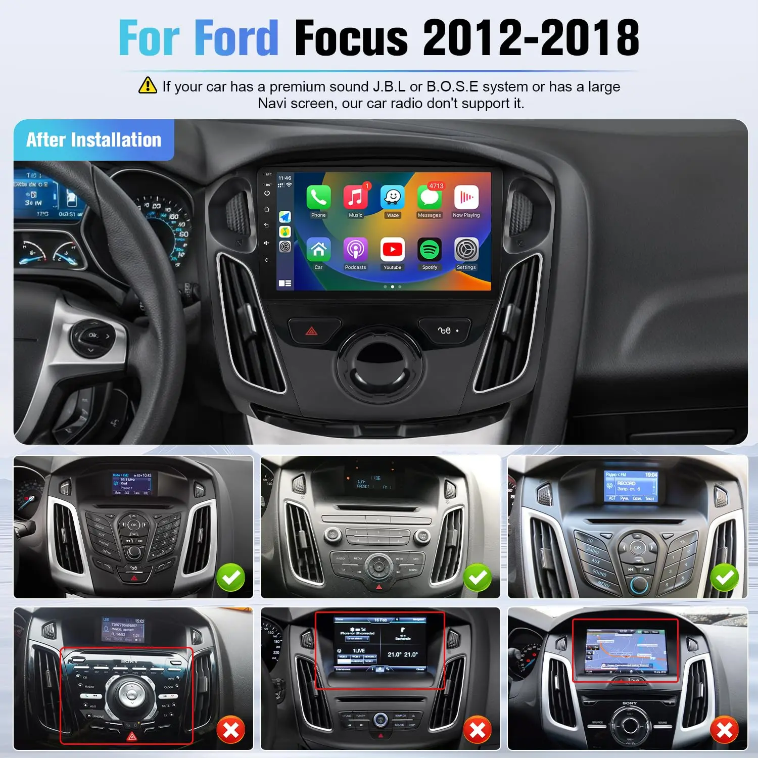 شاشة لمس 9 بوصة Ford Focus 2012 2013 2014 2015 2016 2017 2018 راديو مع Carplay لاسلكي، Android Auto، Bluetooth GPS، WiFi、F