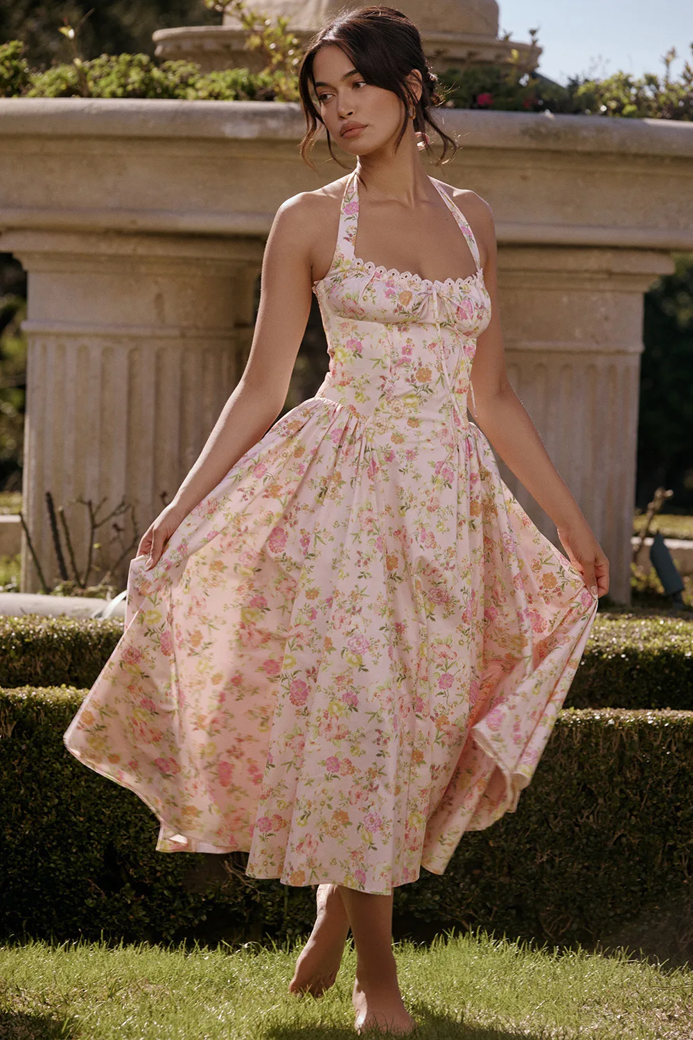 pink floral halter midi dress Pink Floral Halter Midi Dress