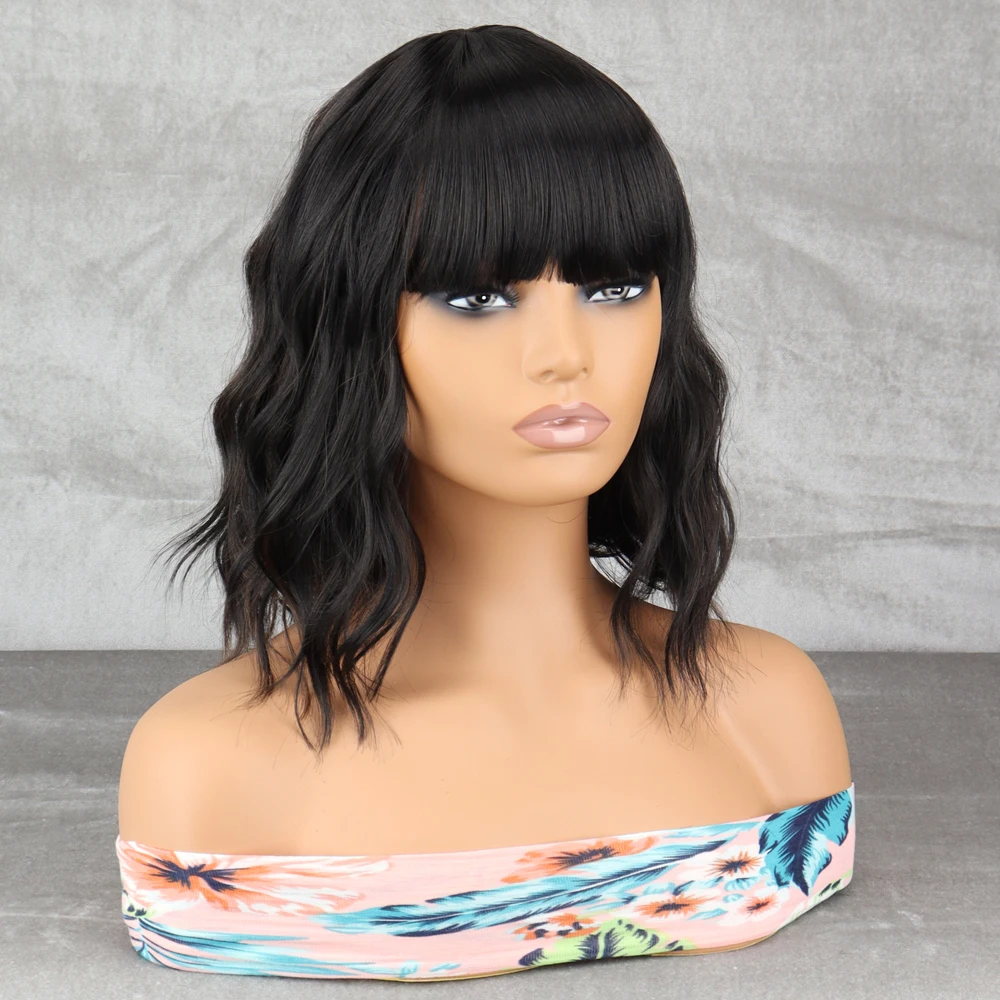 Synthetic Short Black Brown Bob Wavy Synthetic Wig For Women With Bangs Daily Natural Heat Resistan Fiber Female Cospaly Wigs