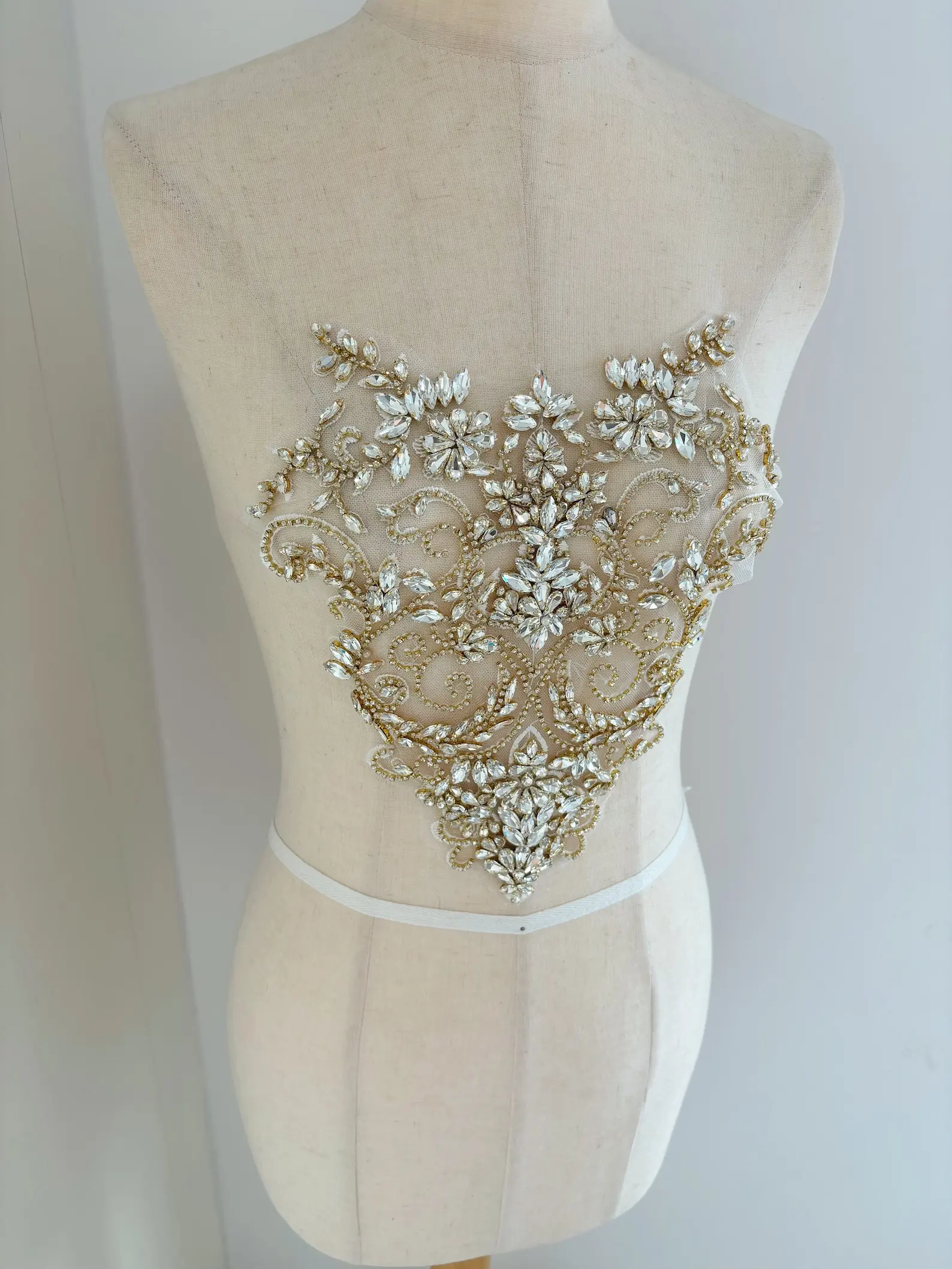 

Gold Sweet Heart Rhinestone Bodice Applique For Couture And Dress, Hand Crafted Crystal Patch For Couture, Dance Costume