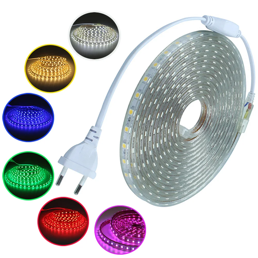 220V LED Strip Lights 5050 Waterproof High Brightness Flexible Lamp Tape Kitchen Outdoor Garden Room Decor LED Strip With Switch