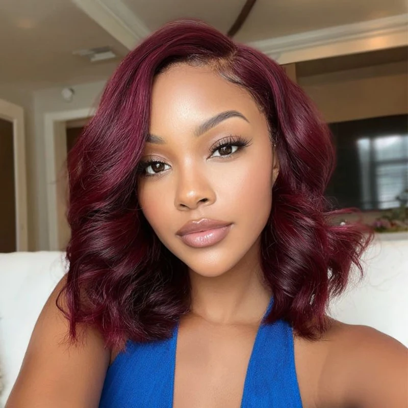200 Density 99J Burgundy Body Wave Short Bob Wig Human Hair 13x4 Lace Frontal Wig 100% Human Hair 4x4 Lace Closure Bob Wig