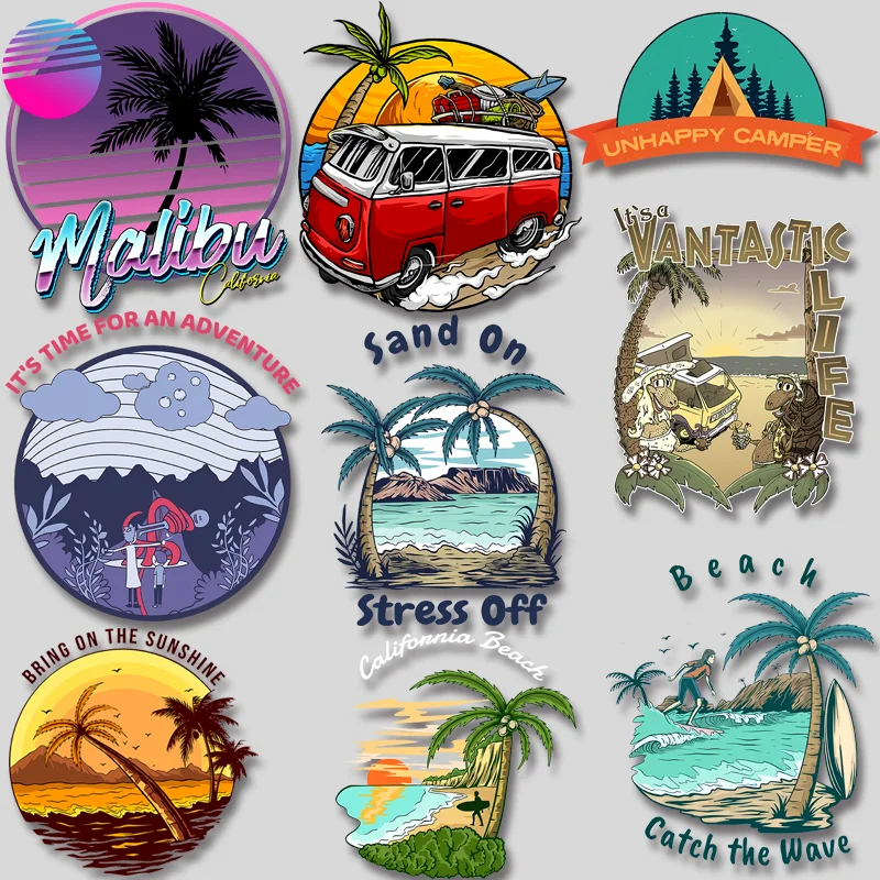 Gorgeous Scenery Sunset Beach Sea Coconut Tree Images Ironing Stickers Thermal Transfer Vinyl Patches Clothes Accessory