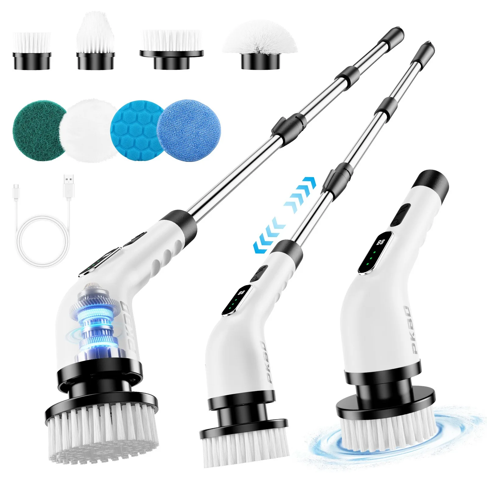 Cepillo de limpieza 9 en 1, cepillo eléctrico recargable mejorado con pantalla digital, 3 velocidades ajustables, mango extensible retráctil, más de 90 minutos de duración, limpiador eléctrico para baño, sala de exposición, bañera, azulejos, suelo y coche