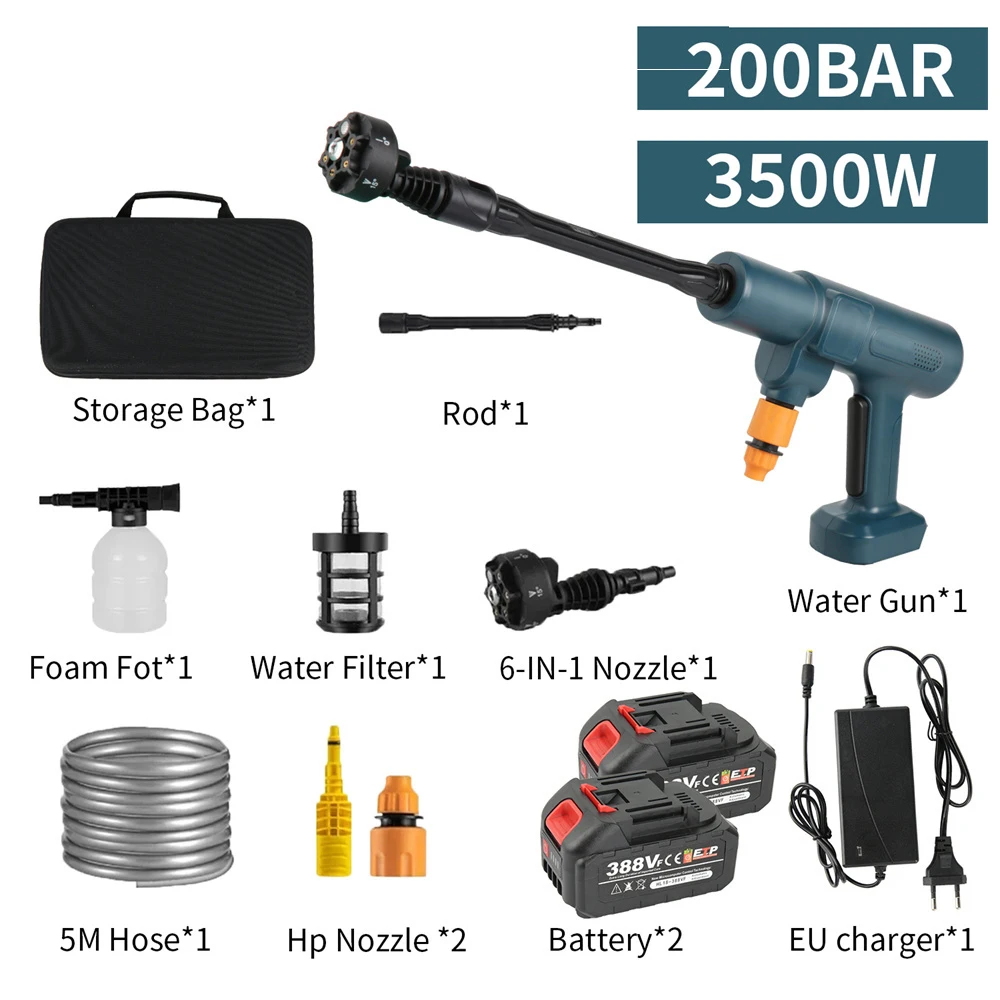 200Bar 3500W 2 Gears Electric High Pressure Washer Car Washing Gun Cordless Washer Supplies Foam Generator Water Gun Spray Clean