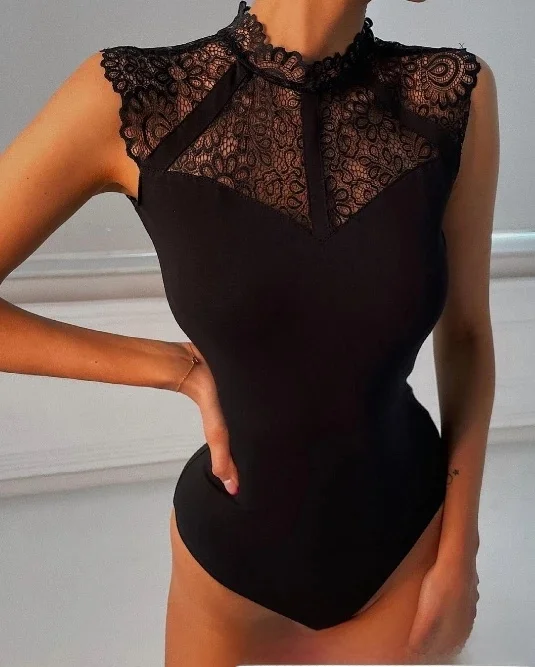 Body damskie 2024 moda letnia koronkowy patchwork wokół szyi bez rękawów Casual Skinny codzienne body Y2K topy — zdjęcie 2