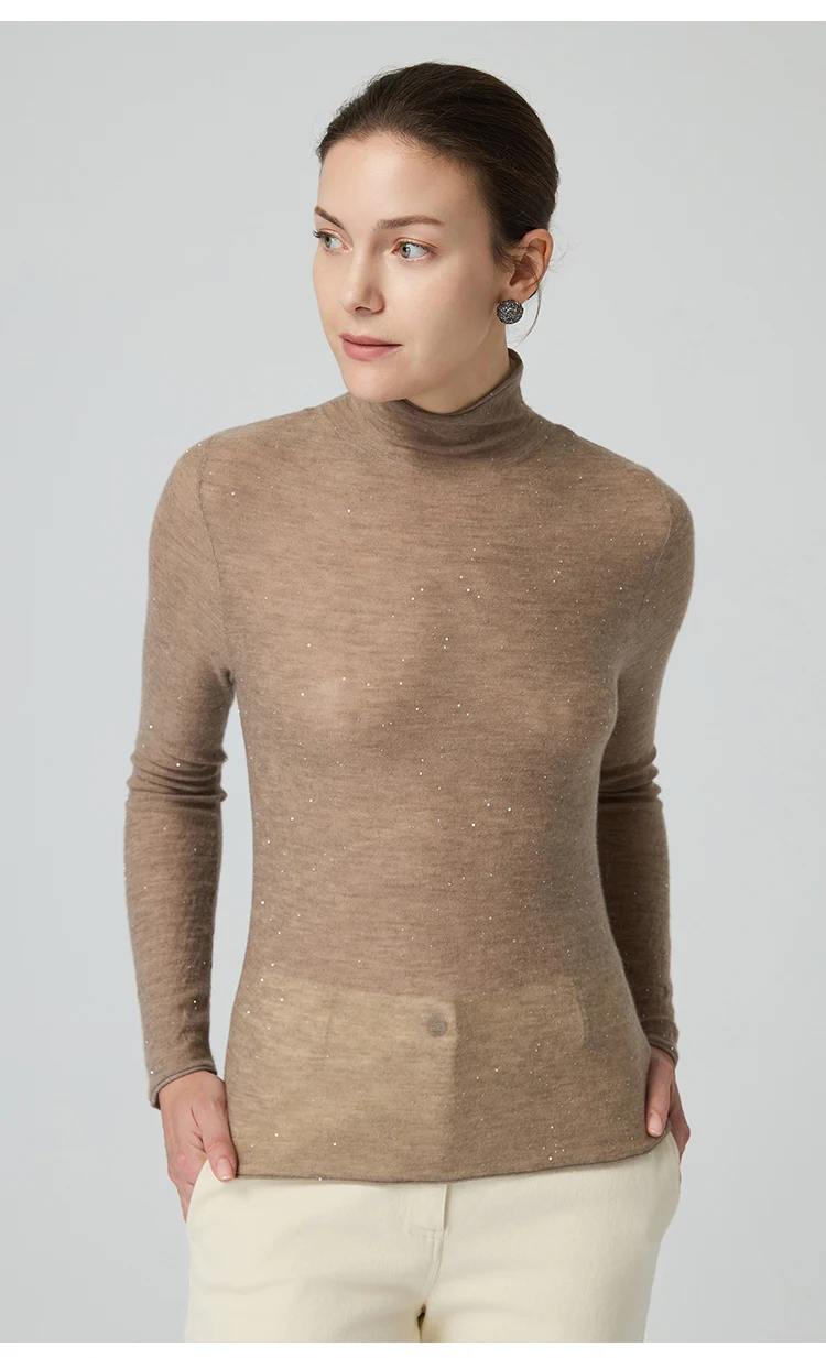 BY3521261 Damen Kaschmir-Mischgewebe Langarm-Strickshirt mit Stehkragen, Glitzergarn, Slim Fit, Leichtgewichtig, Herbstliches Alltags-Oberteil – Detail 12