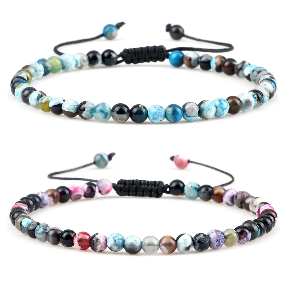 4mm Naturalne Mini Koraliki Bransoletki dla Kobiet Mężczyzn Okrągłe Agaty Onyks Kamień Joga Pleciona Bransoletka Elastyczna Urok Bangle Biżuteria Modlitewna — 2