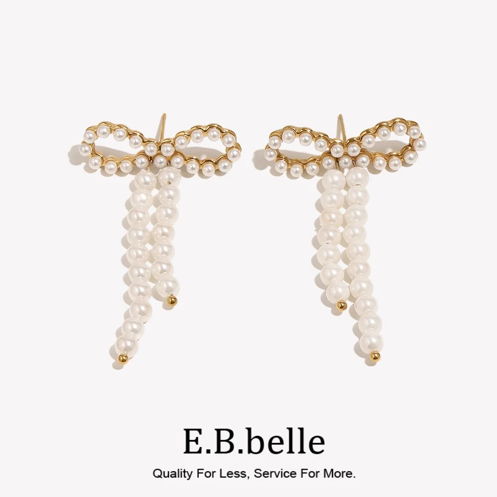 E.B.belle Imitation Pearl Bowknot Stud Earring Elegant Women 18K Gold Plated Stainless Steel Waterproof Ear Jewelry Accessories