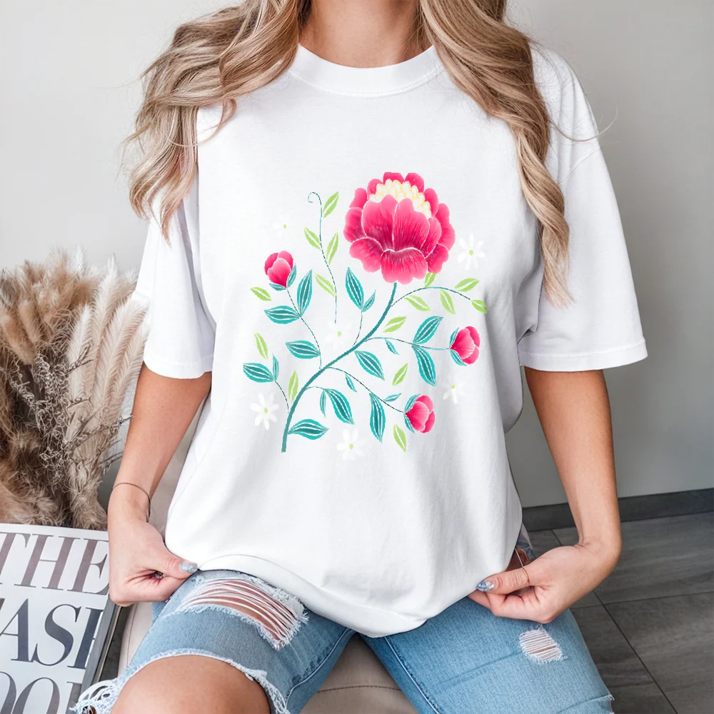 

Unisex Men And Women Sum Embroidery Series Heart Flower Ethnic Style Simple Daily Casual Summer Pure Cotton Short-Sleeve T-Shirt