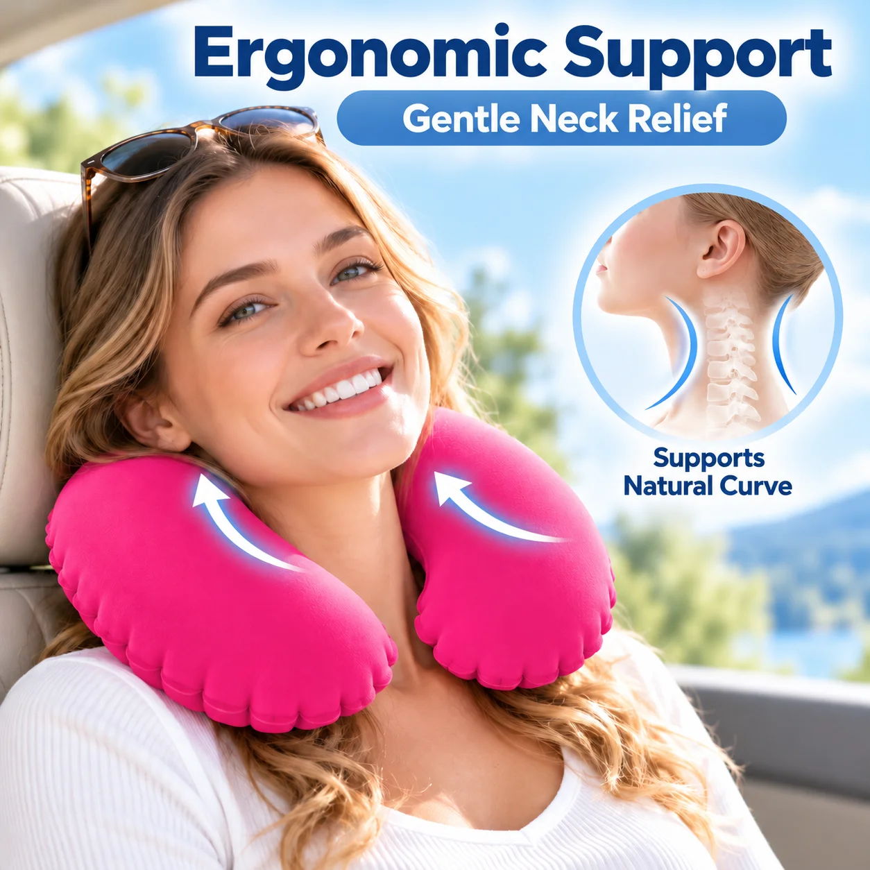 Soft Flocking Inflatable U-Shaped Neck Pillow Quick Inflate Portable Travel Support Cushion for Airplane Car Office Nap Mult