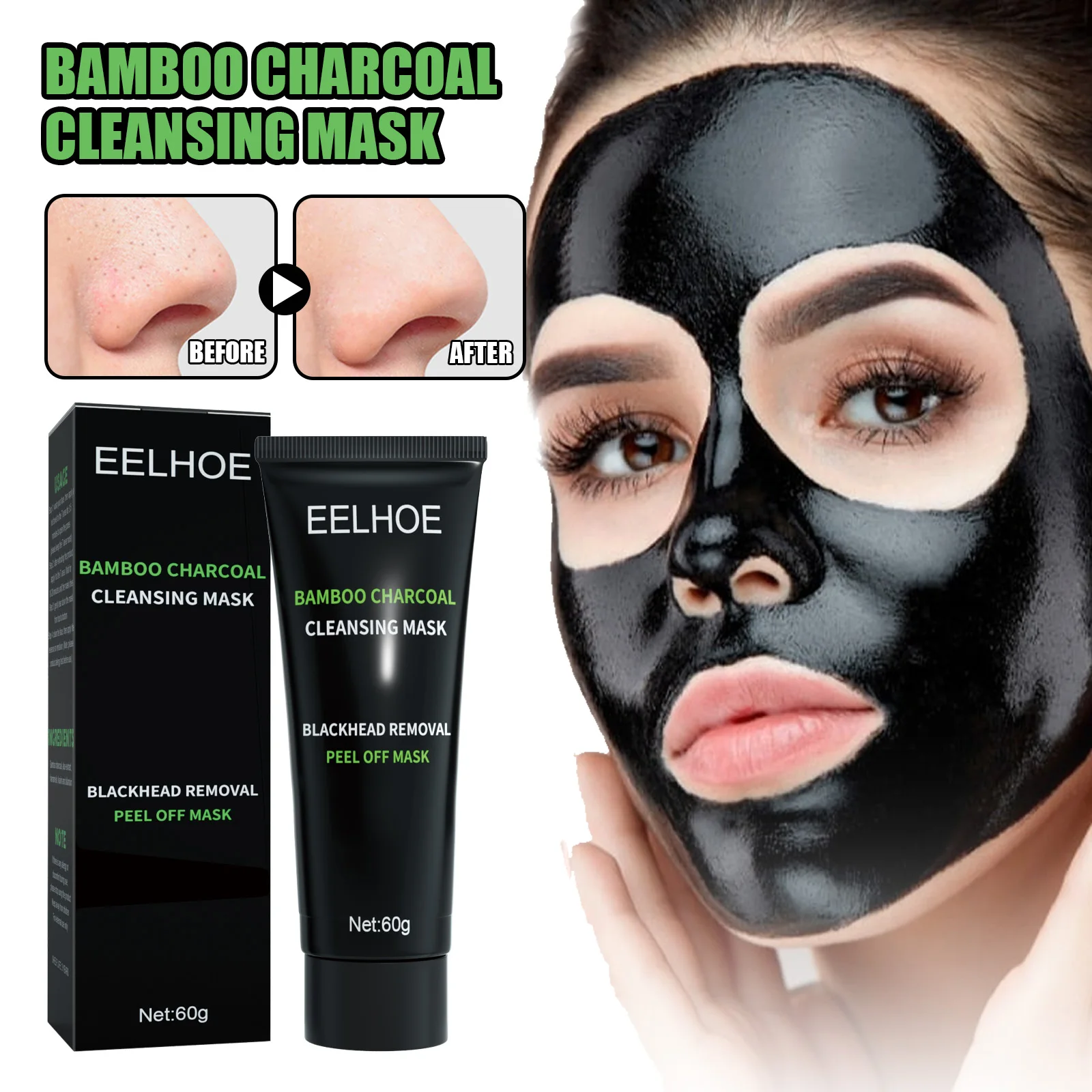 

60g Eelhoe Bamboo Charcoal Clean Tear Facial Mask Shrink Pores Deep Clean Oil Control Remove Blackheads Acne Firm Natural Mask