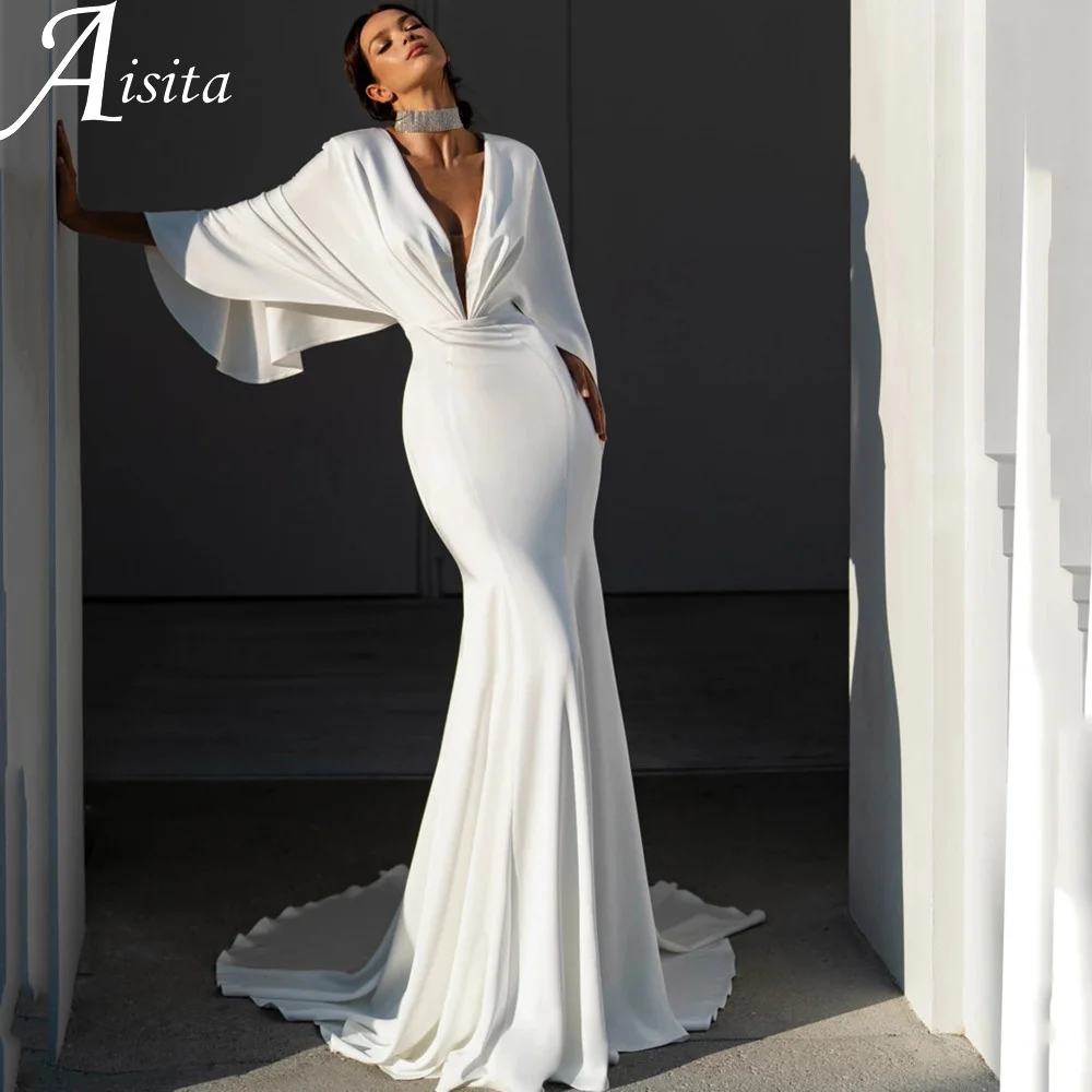 

Seductive Deep V Neck Mermaid Wedding Dresses Button Back Bridal Gowns Batwing Sleeves Sweep Train Sexy Vestidos De Novia