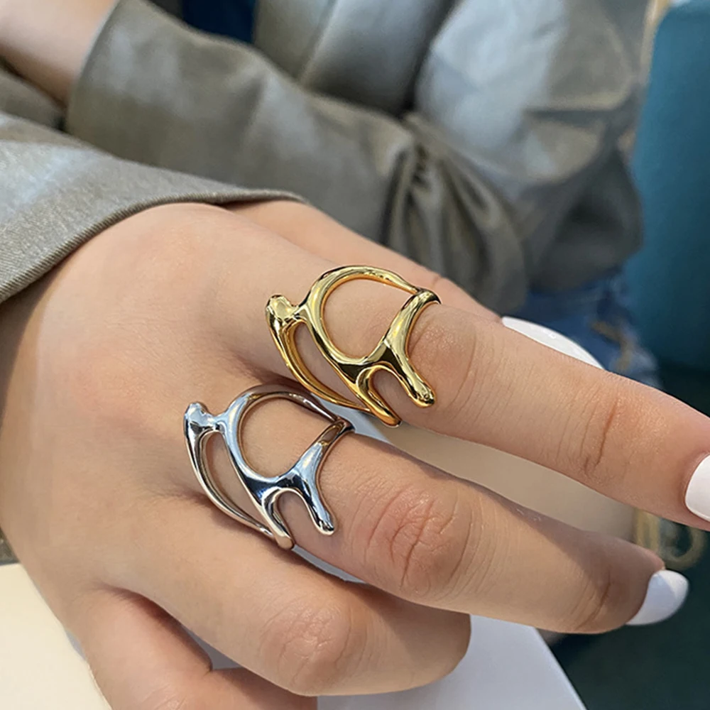 Creative Geometric Irregular Melt Metal Open Rings for Women Teens Gold ColorSilver Color Hollow Cool Punk Finger Ring Jewelry