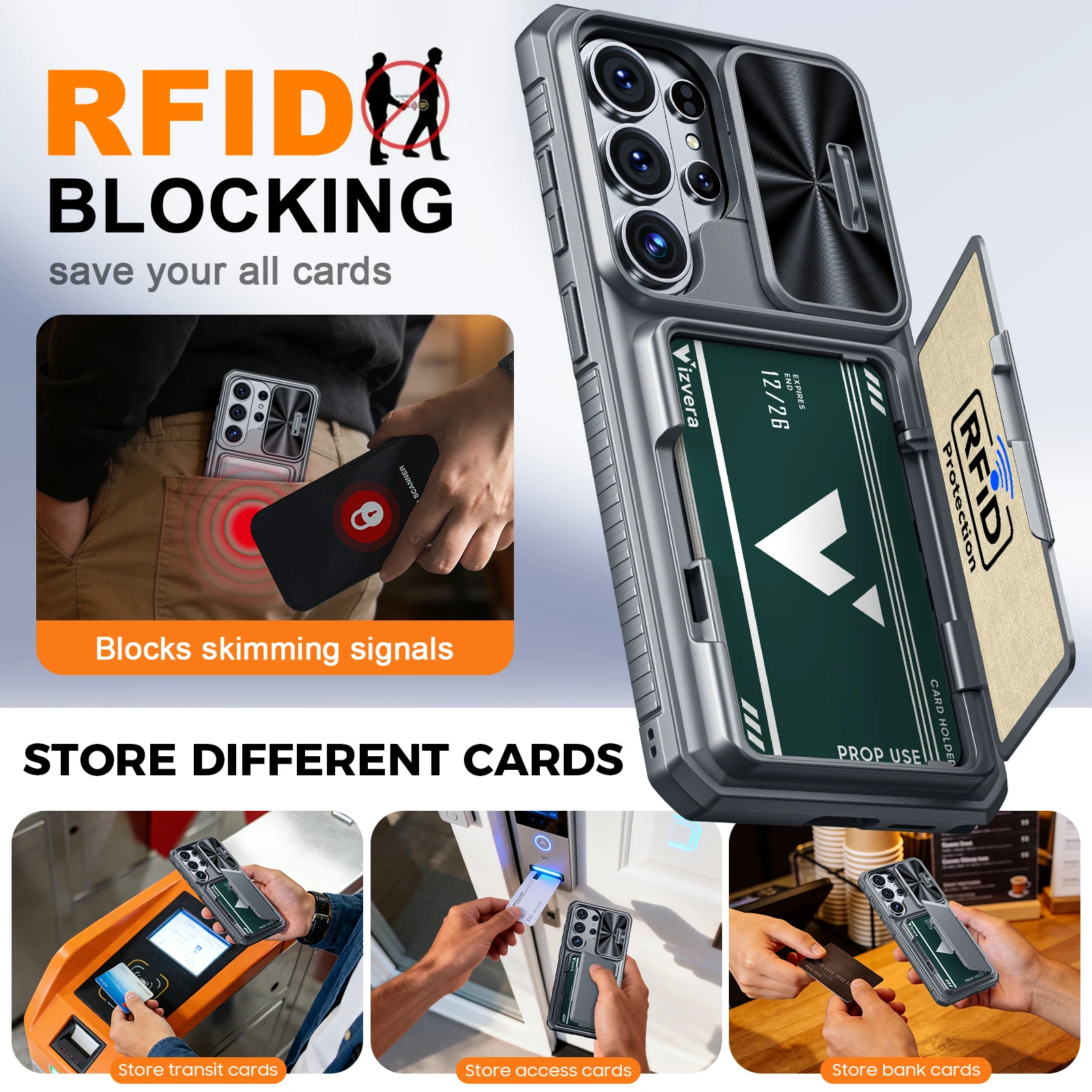 Für Galaxy S26 Ultra Hülle mit Geldbörse, RFID-Schutz, Kartenhalter, Kameraabdeckung, Robuste Stoßfeste Silikon-Schutzhülle in Grau – Detail 2