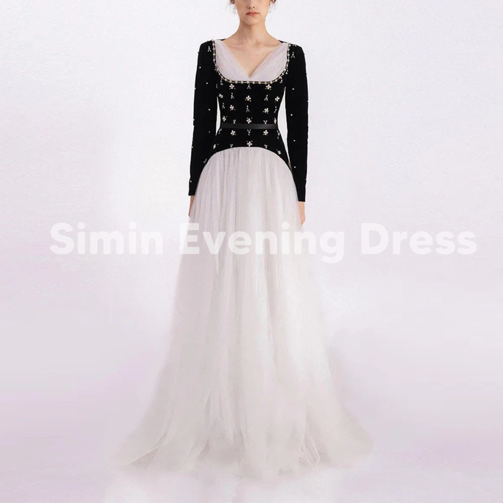 

Simin женские роскошные вечерние платья трапециевидной формы с v-образным вырезом и бисером в Саудовской Аравии с длинными рукавами длиной до пола, вечерние элегантные платья 2025