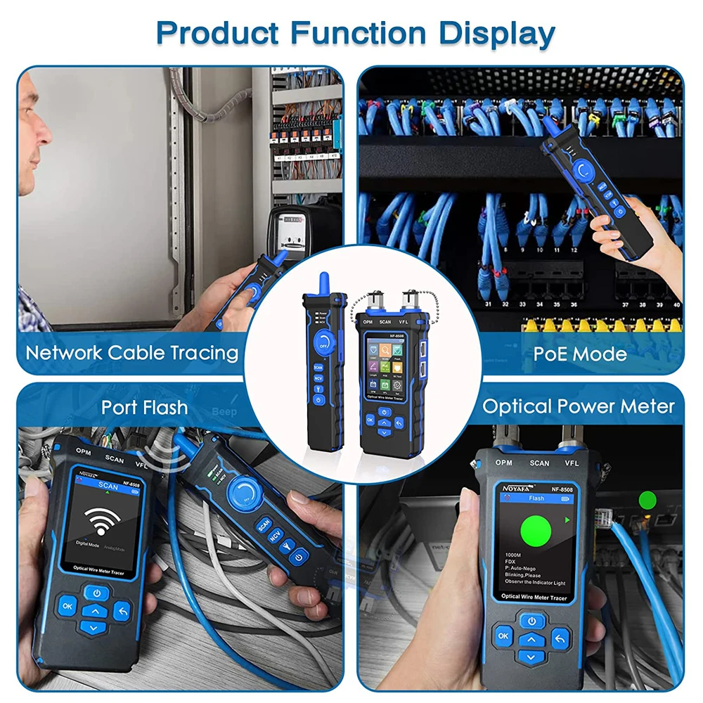 Imagem -05 - Noyafa-lcd Cabo Tester Medir Comprimento Wiremap Poe Testing Vfl e Opm Cat5 Cat6 Rj45 Cabo Locator Ferramentas de Inspeção Nf8508