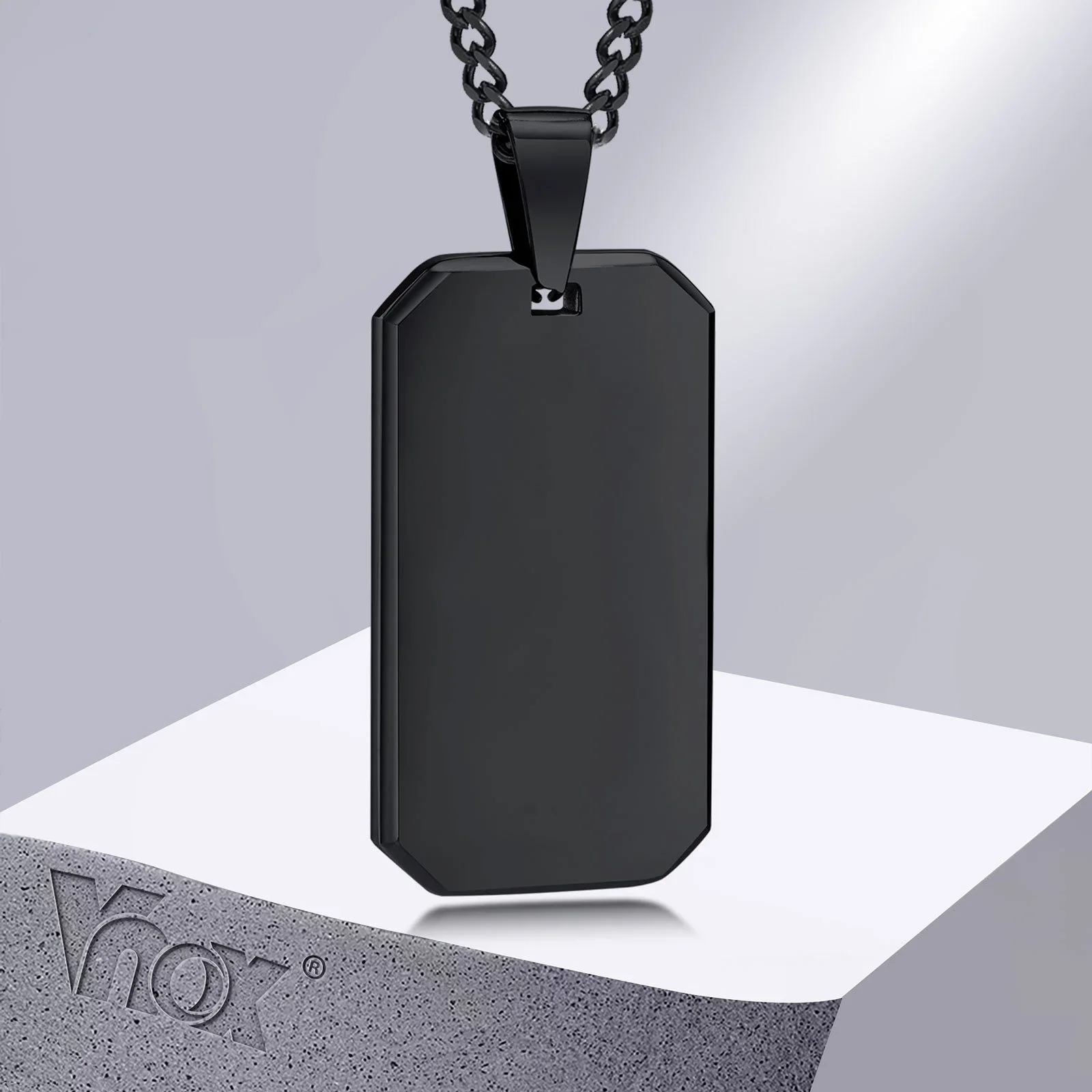 Naszyjniki Vnox Men Dogtag, geometryczny prostokątny wisiorek z kubańskim łańcuszkiem, czarny srebrny kolor ze stali nierdzewnej Casual Neck Collar — zdjęcie 2