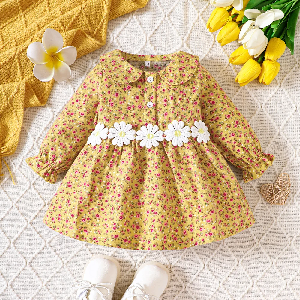 

Kids Girls Yellow Dress Long Sleeve Daisy Applique Floral Print Golden Autumn Baby Princess Dress