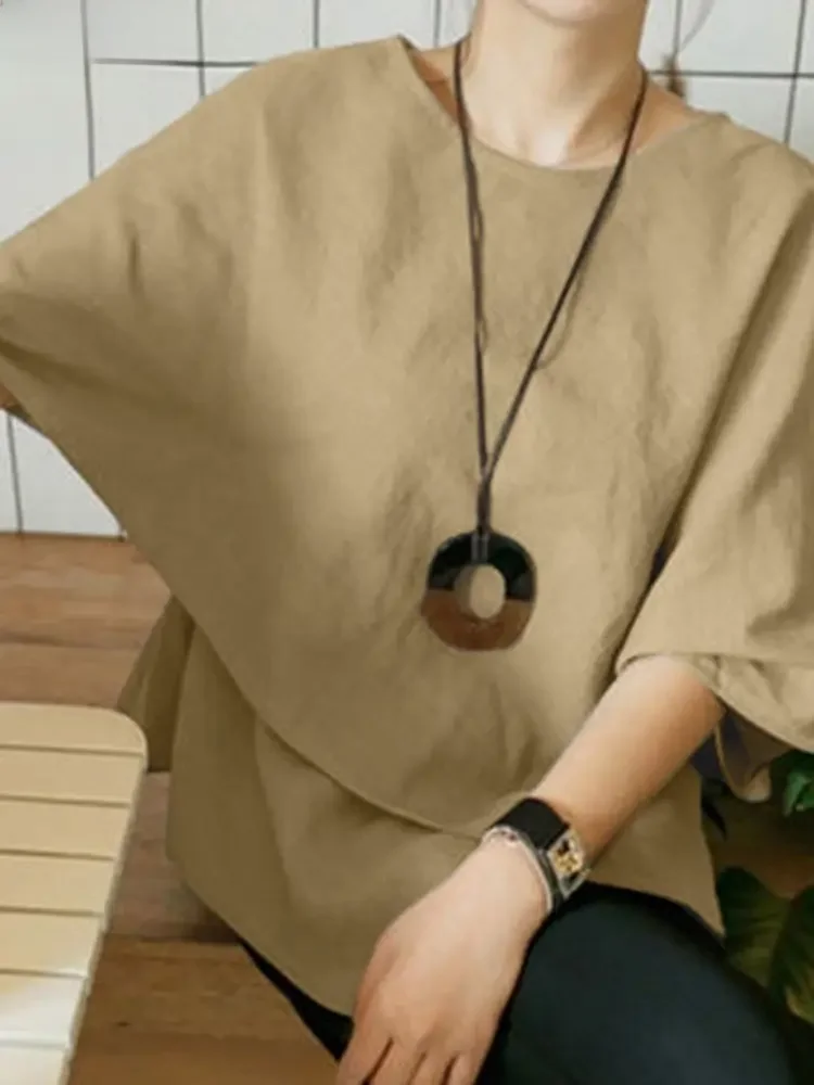ZANZEA Damska bluzka z półrękawkiem Asymetryczna moda Jednokolorowe koszule retro 2024 Letnie topy Casual Luźna patchworkowa tunika — zdjęcie 2