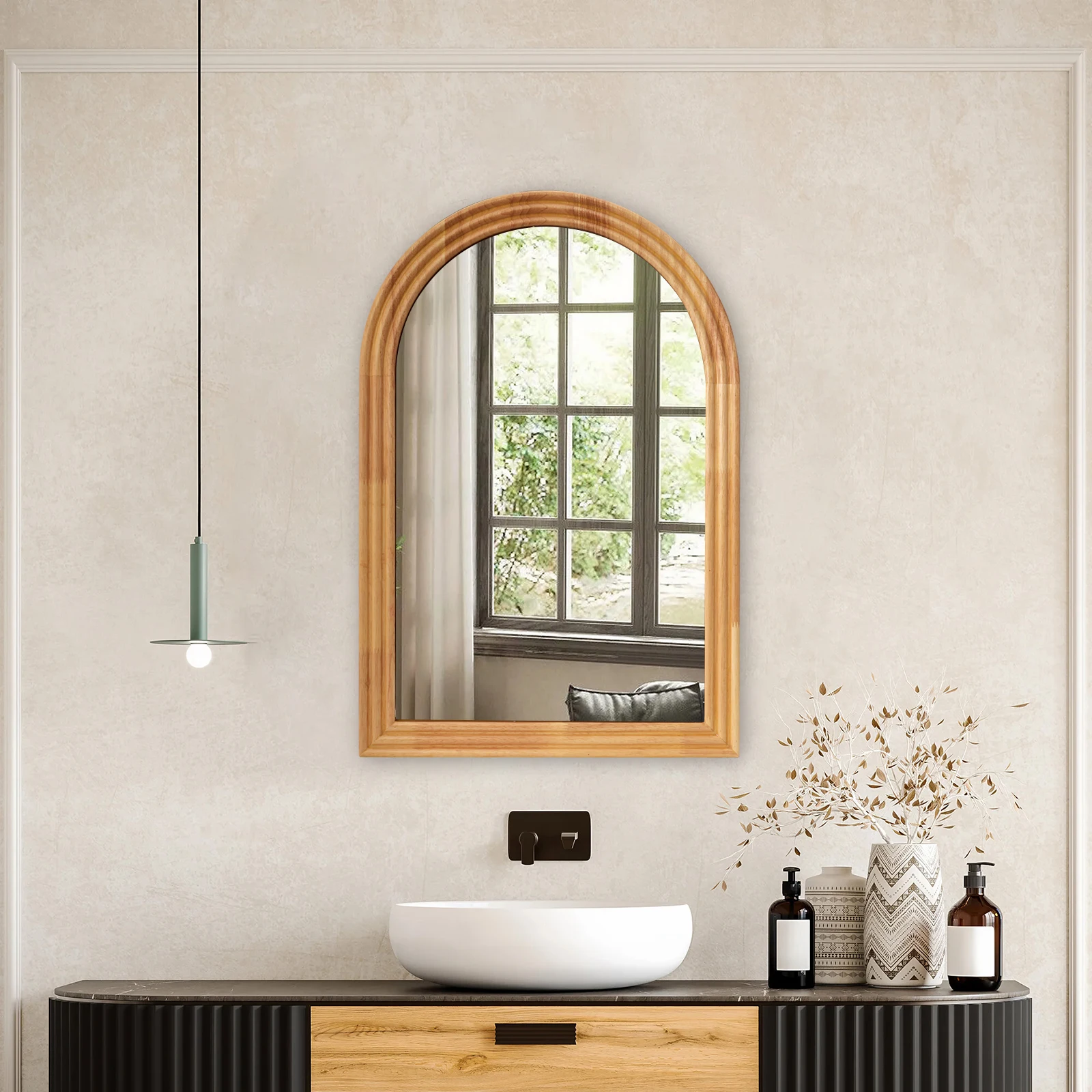 Gewölbter Badezimmerspiegel, Kosmetikspiegel, 40 x 60 cm, Rahmen aus Massivholz, hochauflösende Spiegeloberfläche, bruchsicheres Glas, geeignet für Badezimmer, Küche, Schlafzimmer und Wohnzimmer, im