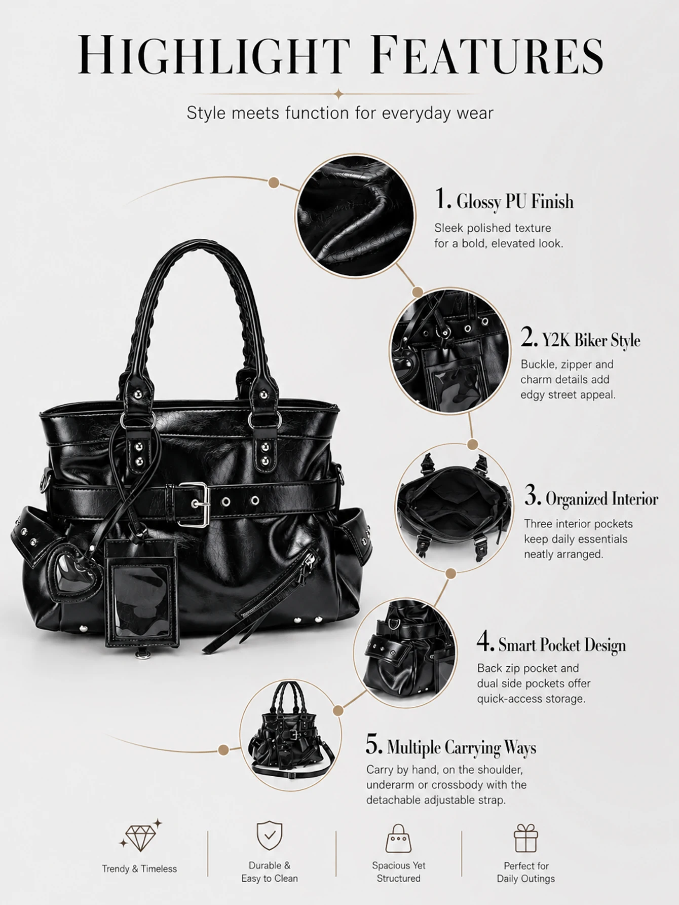 Y2K Schwarze PU-Leder Tragetasche für Damen, Glänzende Coole Große Kapazität Handtasche, Schulter-Umhängetasche für Tägliche Reisen – Detail 6