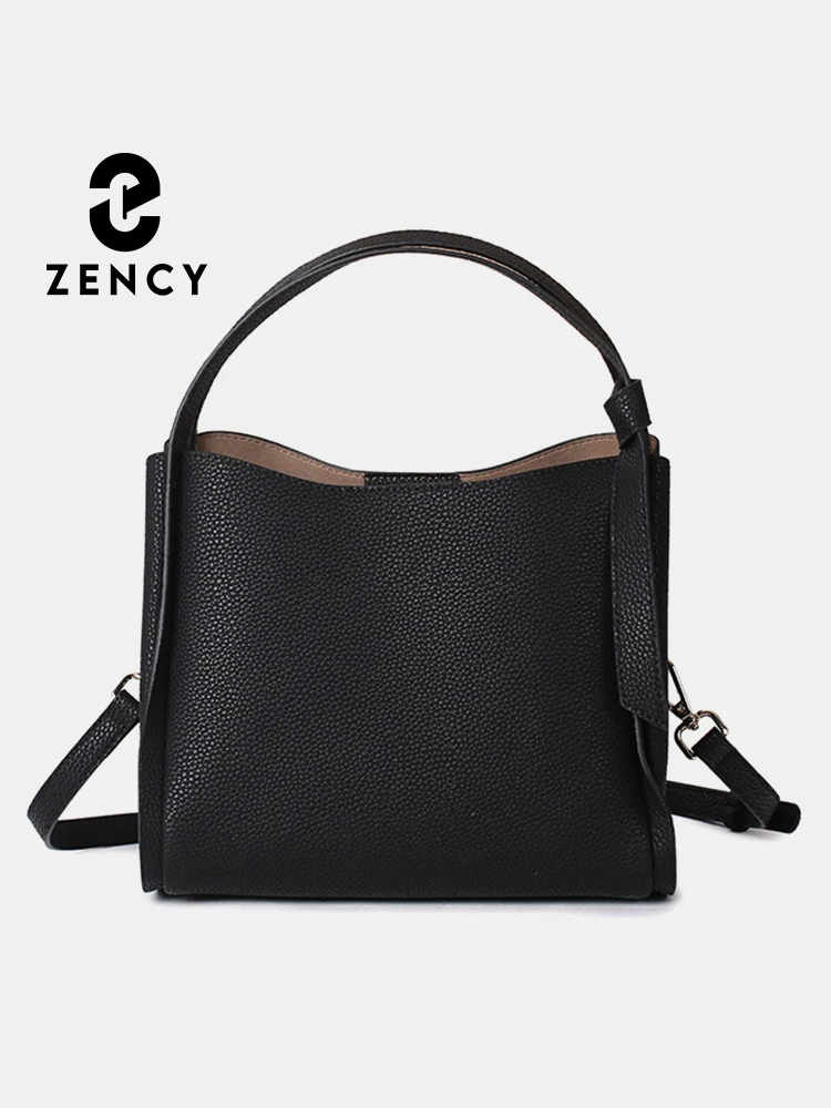 Zency Women's Simple Bucket Bag Luxury Designer Crossbody Bag Genuine Leather Top Handle Bag Black Grey Ladies Purses For Girls