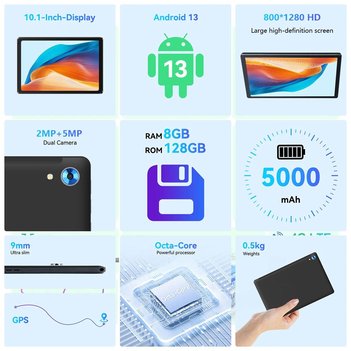 Tableta de 10,1 pulgadas procesador octa-core 8GB RAM 128GB ROM 1TB TF ampliar Android 13 HD pantalla táctil BT 5,0 WiFi 6 tableta con cámara Dual