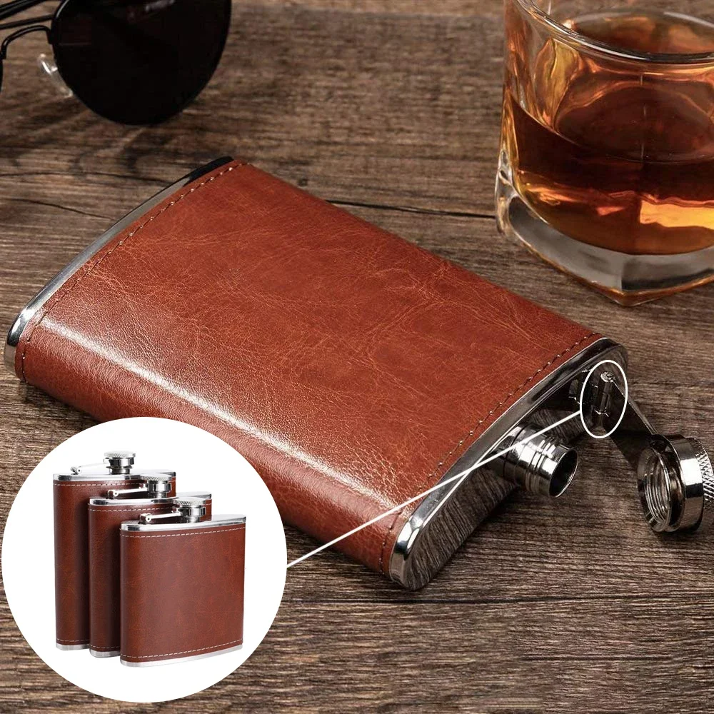 6/7/8 oz Luxus Tasche Flach mann braun Leder bedeckt tragbare Edelstahl flasche für Alkohol Whisky