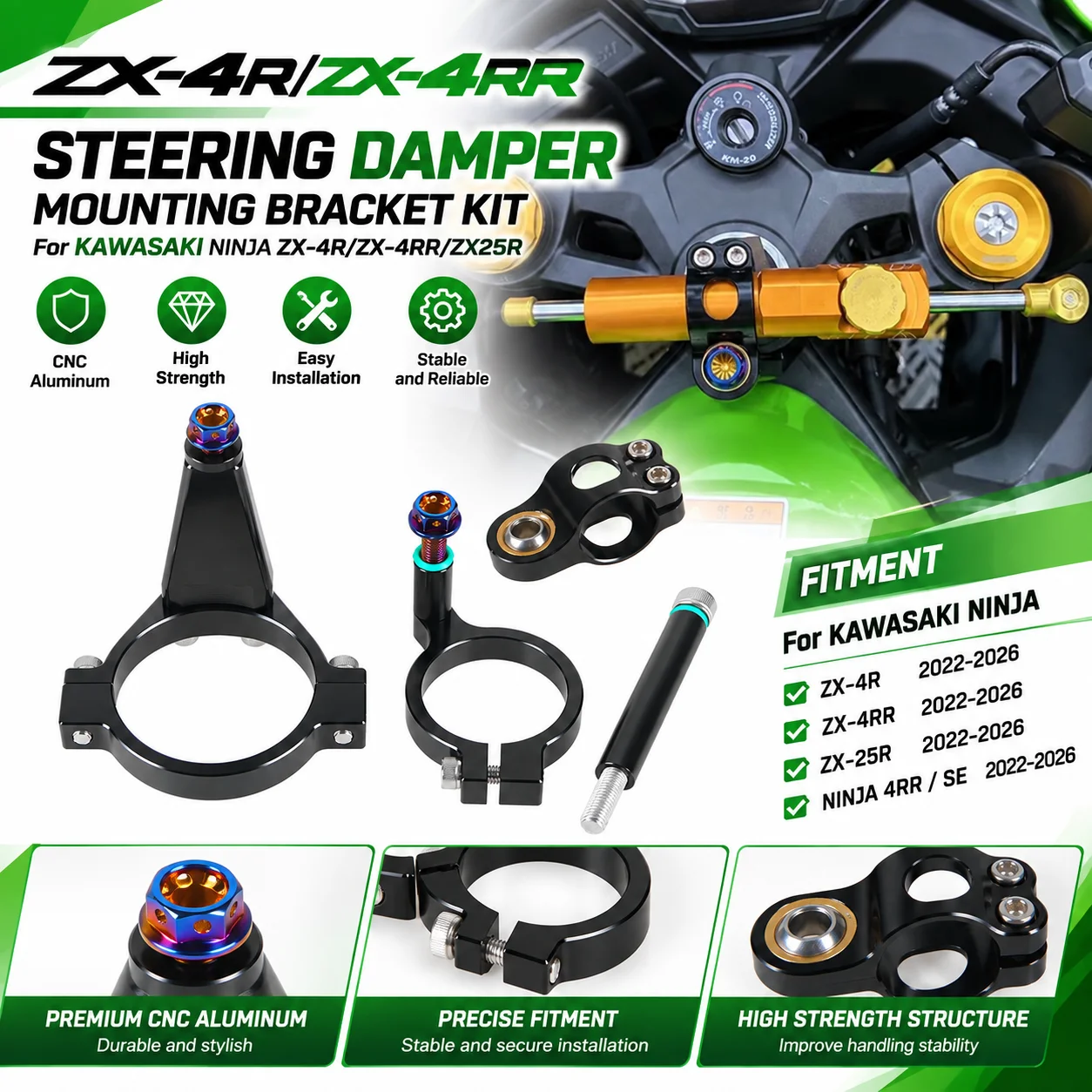 カワサキ・ニンジャ-zx-4r、zx-4rr、zx-4r-se、zx-25r用-cncアルミニウム製ステアリングダンパー取り付けブラケットキット