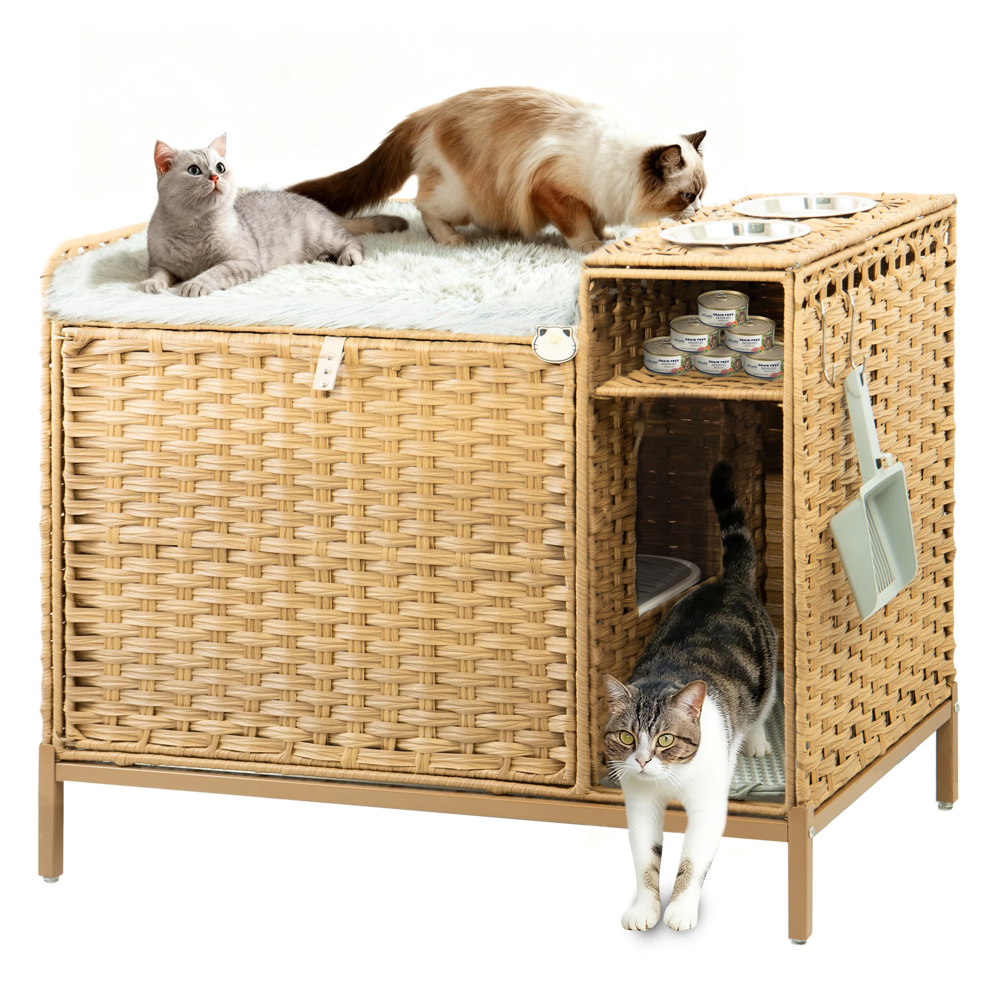 XXL Verstecktes Katzenklo Möbel mit Plüschkissen, 90x50x65cm Handgewebtes Rattan Katzenhaus, Stabil mit Metallgestell,Katzenschrank für Große Katzen & Deko Wohnzimmer