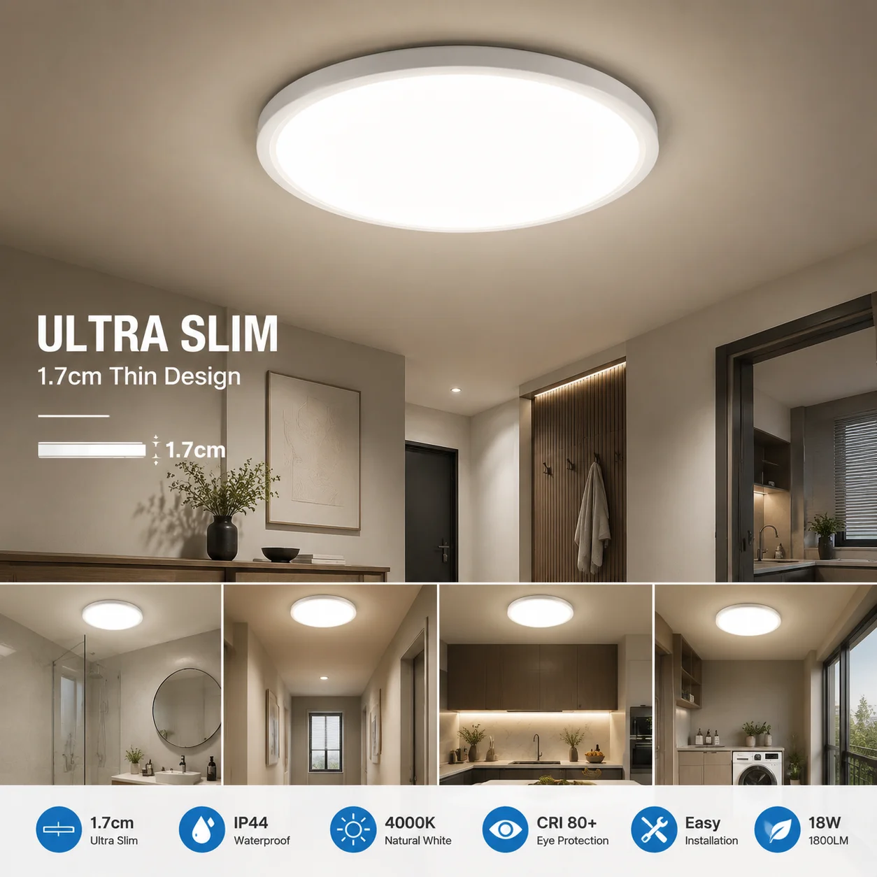 Lureshine 24W ronde LED plafondlamp, dimbaar, inbouw, IP20 waterdicht, 3000K, 4000K, 6500K warm wit, 1800Lm, moderne ultradunne plafondlamp voor slaapkamer, woonkamer, keuken, hal, energiezuinig,