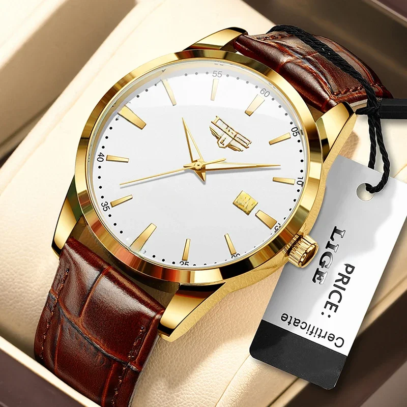 LIGE Fashion brązowy skórzany zegarek mężczyźni sport wojskowy męskie zegarki kwarcowe na co dzień wodoodporny chronograf Relogios Masculino — zdjęcie 2
