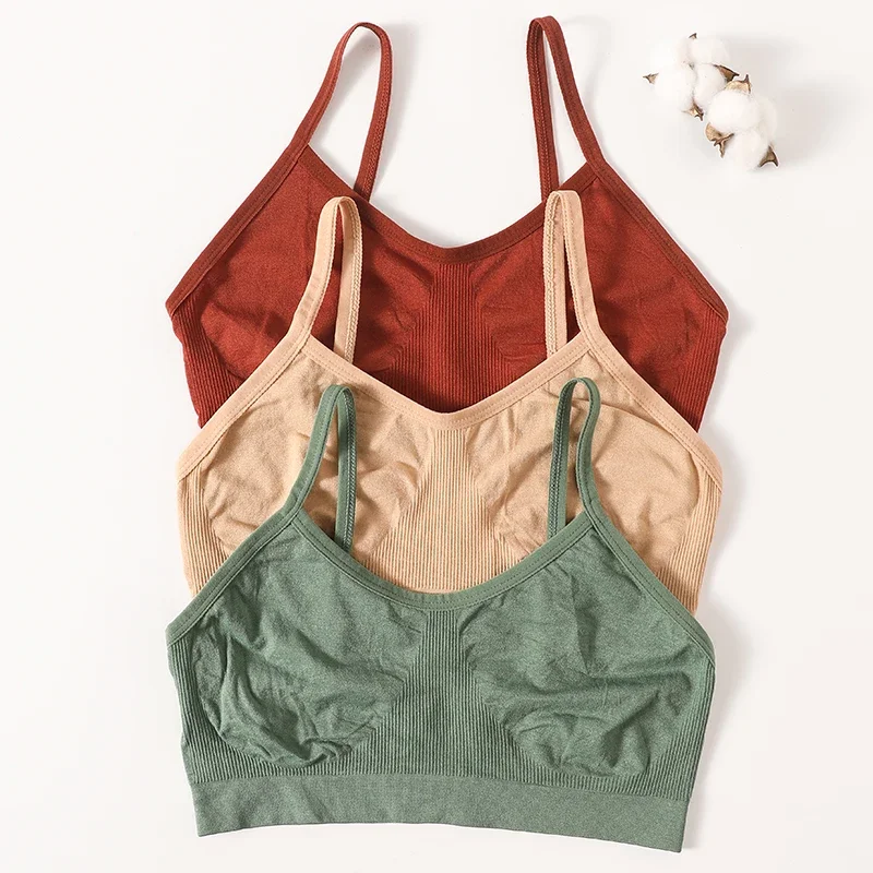 Soutien-gorge sans armatures côtelé pour femme, sans rembourrage, confortable, sans coutures, à fines bretelles, lingerie sexy pour tous les jours, brassière dos nu