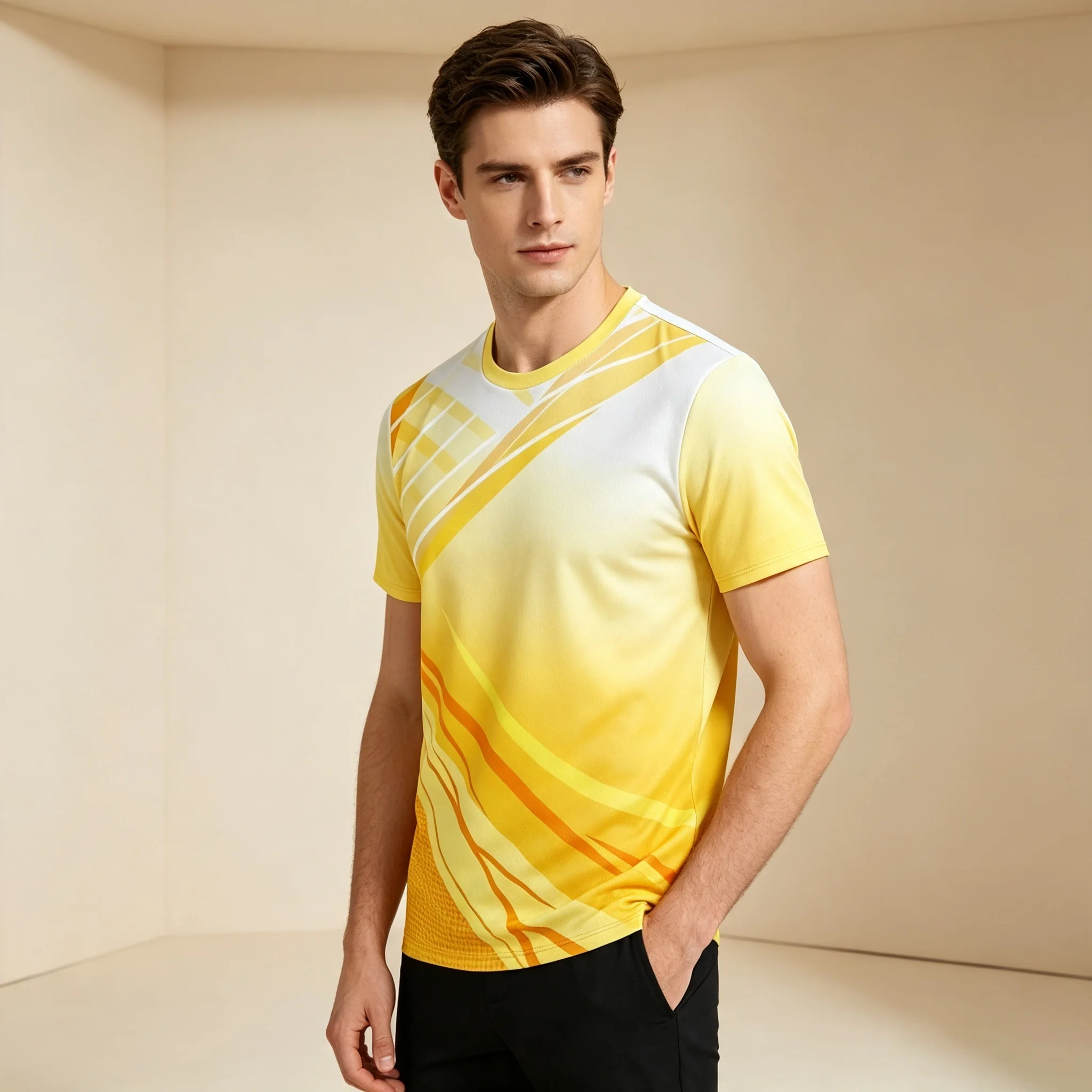 Sommer Herren Atmungsaktives Mesh-Sport-T-Shirt Gelb-Weiß Diagonaler Streifen Farbverlauf-Druck Rundhals Lauf- und Fitness-Oberteil