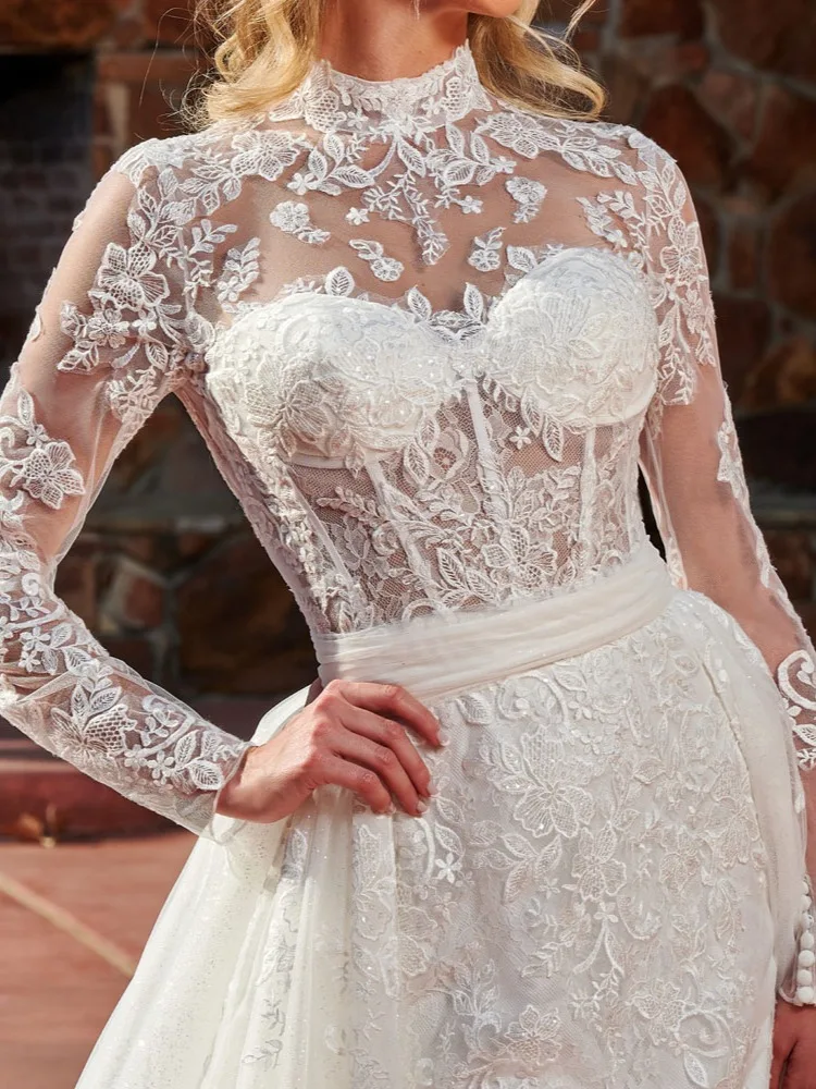 Boho High Neck Mermaid Wedding Dress Appliques Long Sleeves Corset Bodice with Detachable Train Button Back Bridal Gowns