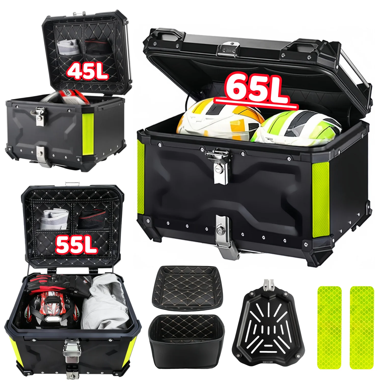 Top case moto en aluminium 45L, 55L, 65L, coffre de moto, boîte à casque, coffre arrière étanche, valise à bagages, boîte à outils à verrouillage rapide