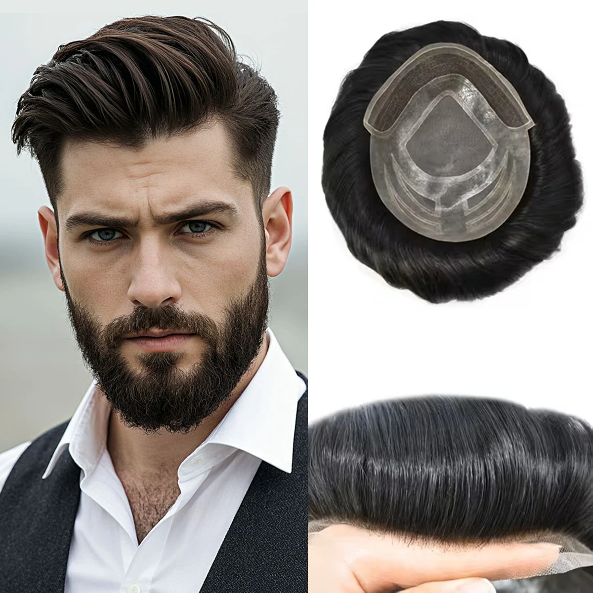 

Fine Mono Toupee for Men Lace front with Mono and Skin Hybrid Breathable capillary prosthesis, 100% Human Hair System for Male