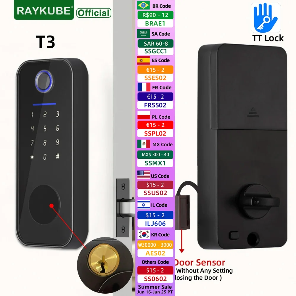 

RAYKUBE T3 TT Lock Digital Fingerprint Door Lock Deadbolt Lock with 60/70mm Latch Key/Password/Card/ TT Lock APP Remote Unlock