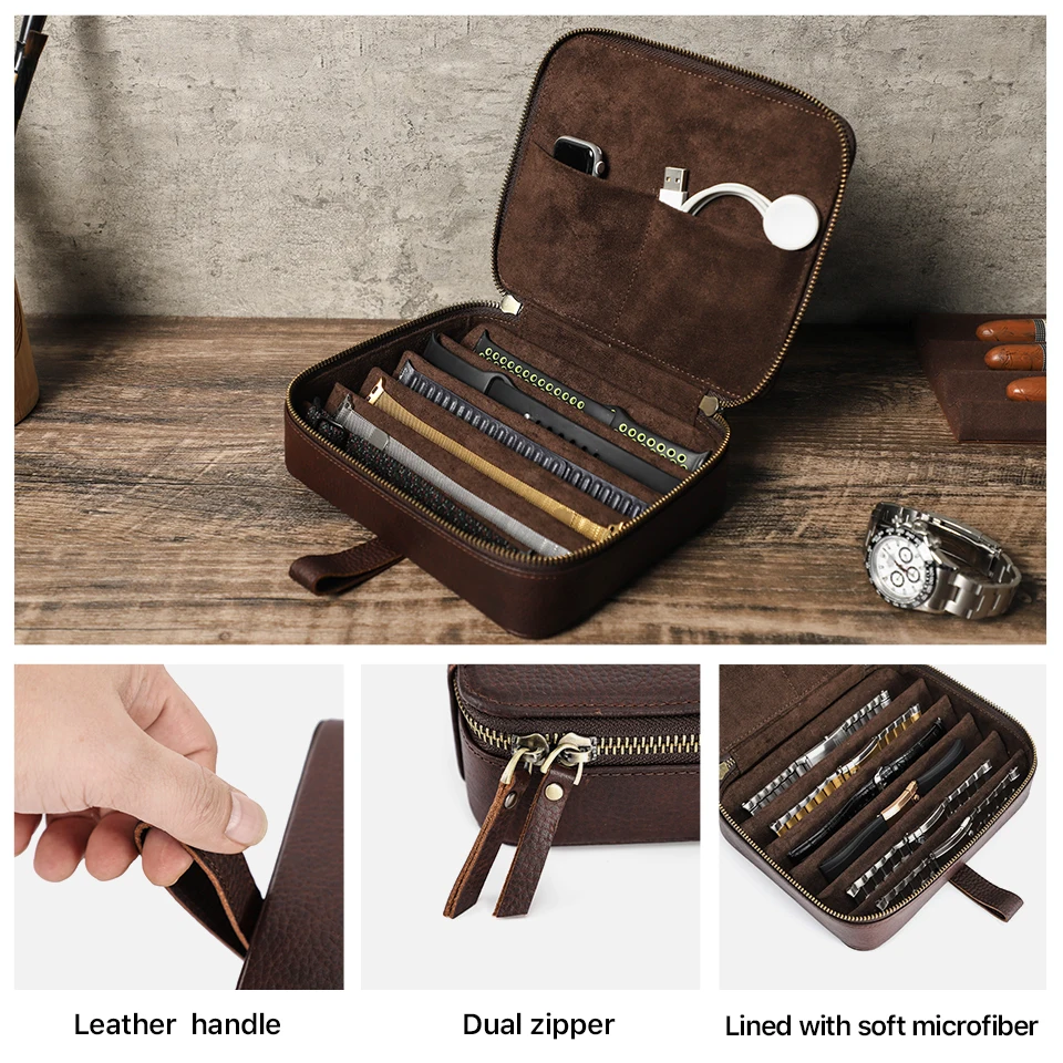 CONTACT'S FAMILY Luxuriöses Uhrengehäuse mit 6 Fächern, Aufbewahrungsbox, Uhrenarmband, tragbarer Reise-Organizer, Uhrenarmband, Werkzeugkoffer, Zubehör – Detail 11