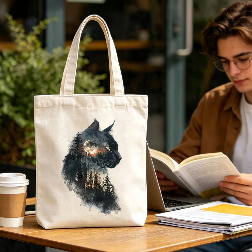 Cat Canvas Tote Bag Sunset Mountain Scenery Silhouette Print Shoulder Bag Aesthetic Reusable Shopping Handbag Casual Book Bag.